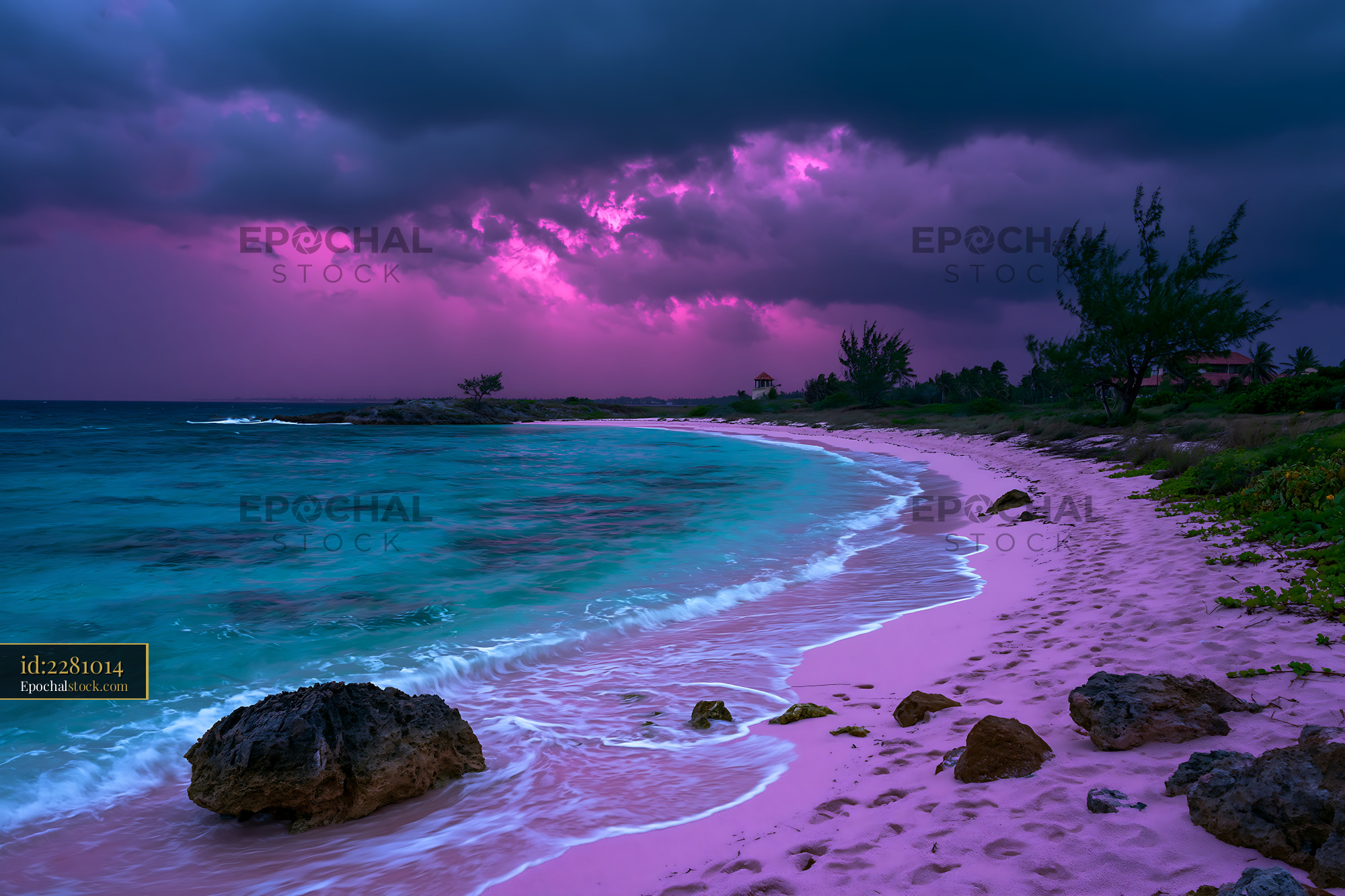 Watermarked full-resolution preview of Pink sandy beach with waves and stormy sky at sunset