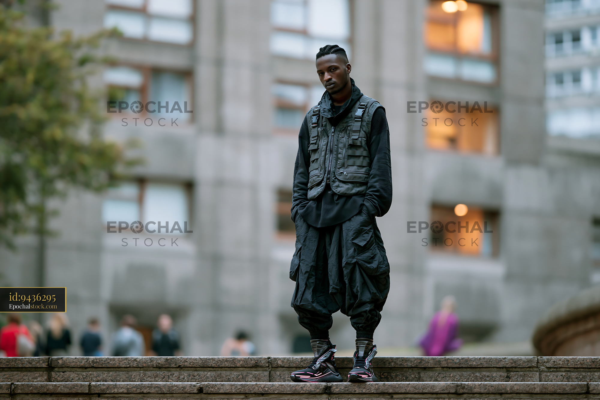 Watermarked full-resolution preview of Man in urban clothing standing on steps in a city