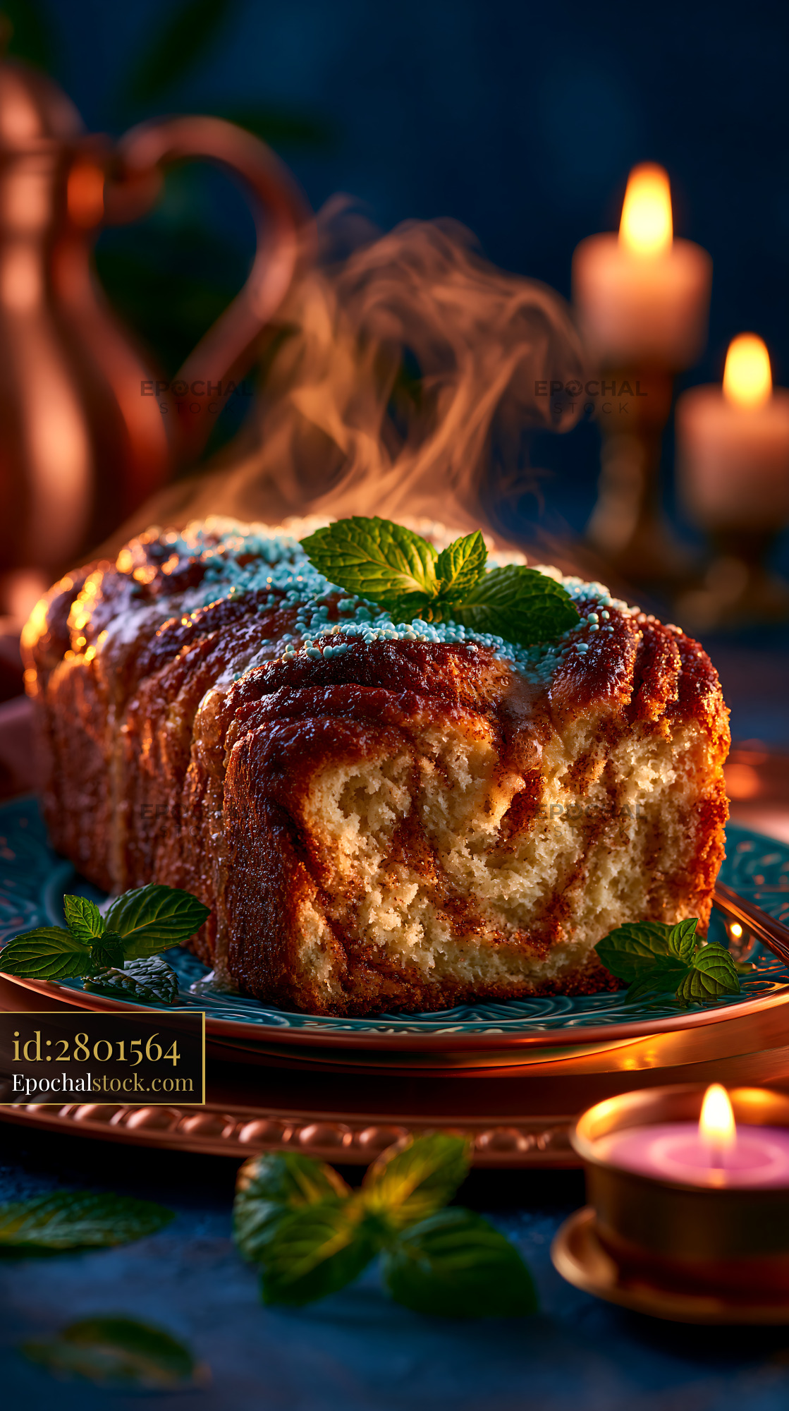 Watermarked full-resolution preview of Freshly baked cake with mint leaves and steam on a table