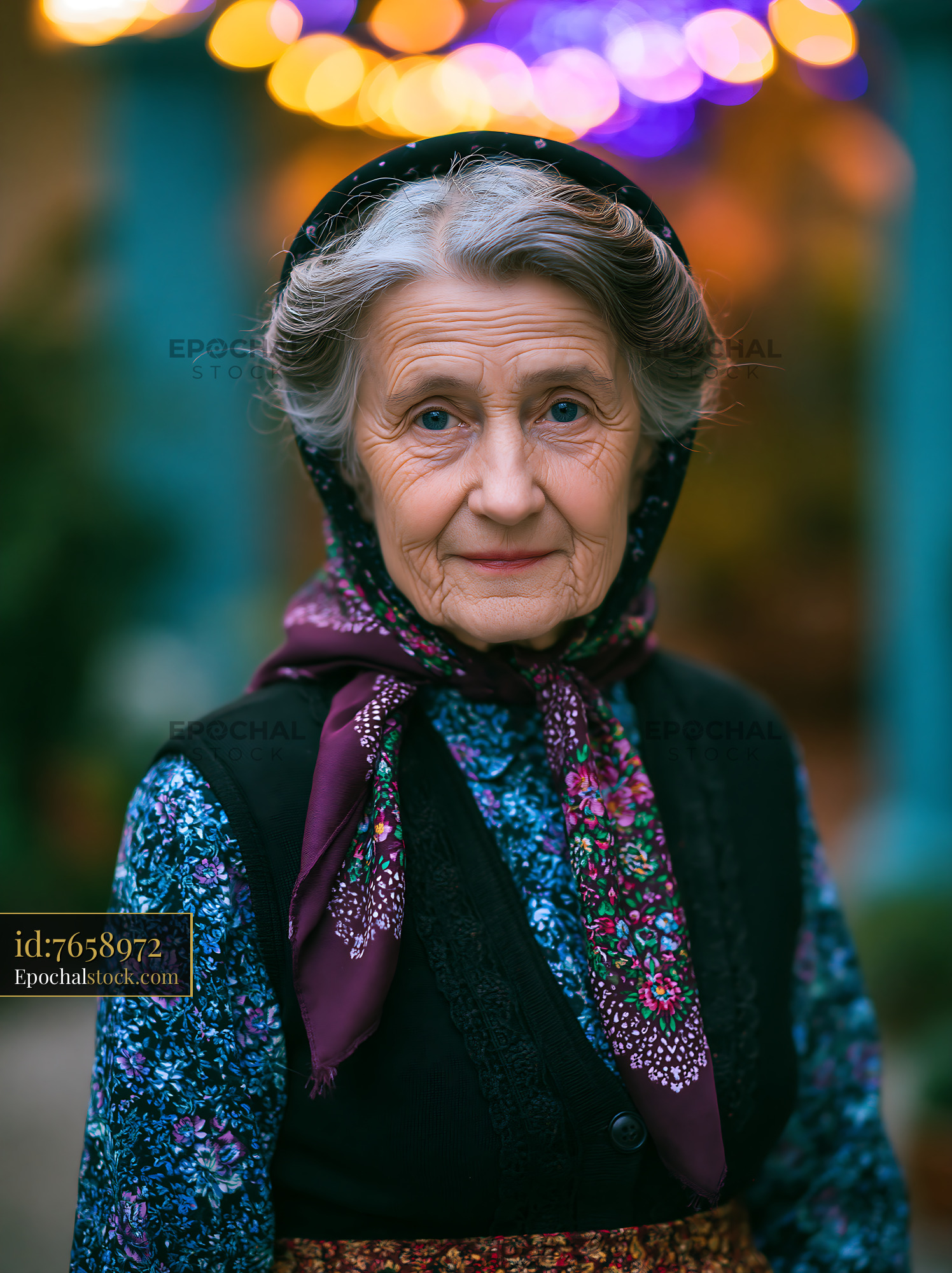 Watermarked full-resolution preview of Elderly woman in traditional attire with colorful bokeh lights