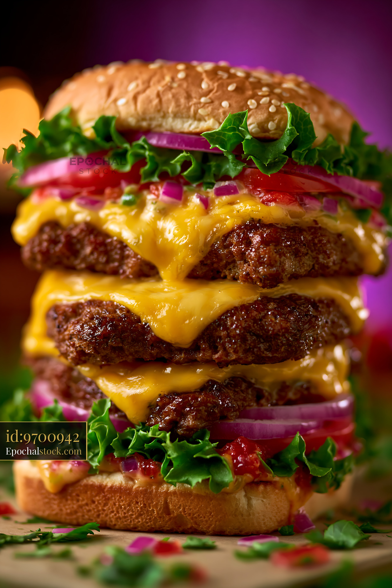 Watermarked full-resolution preview of Juicy double stacked cheeseburger with fresh toppings