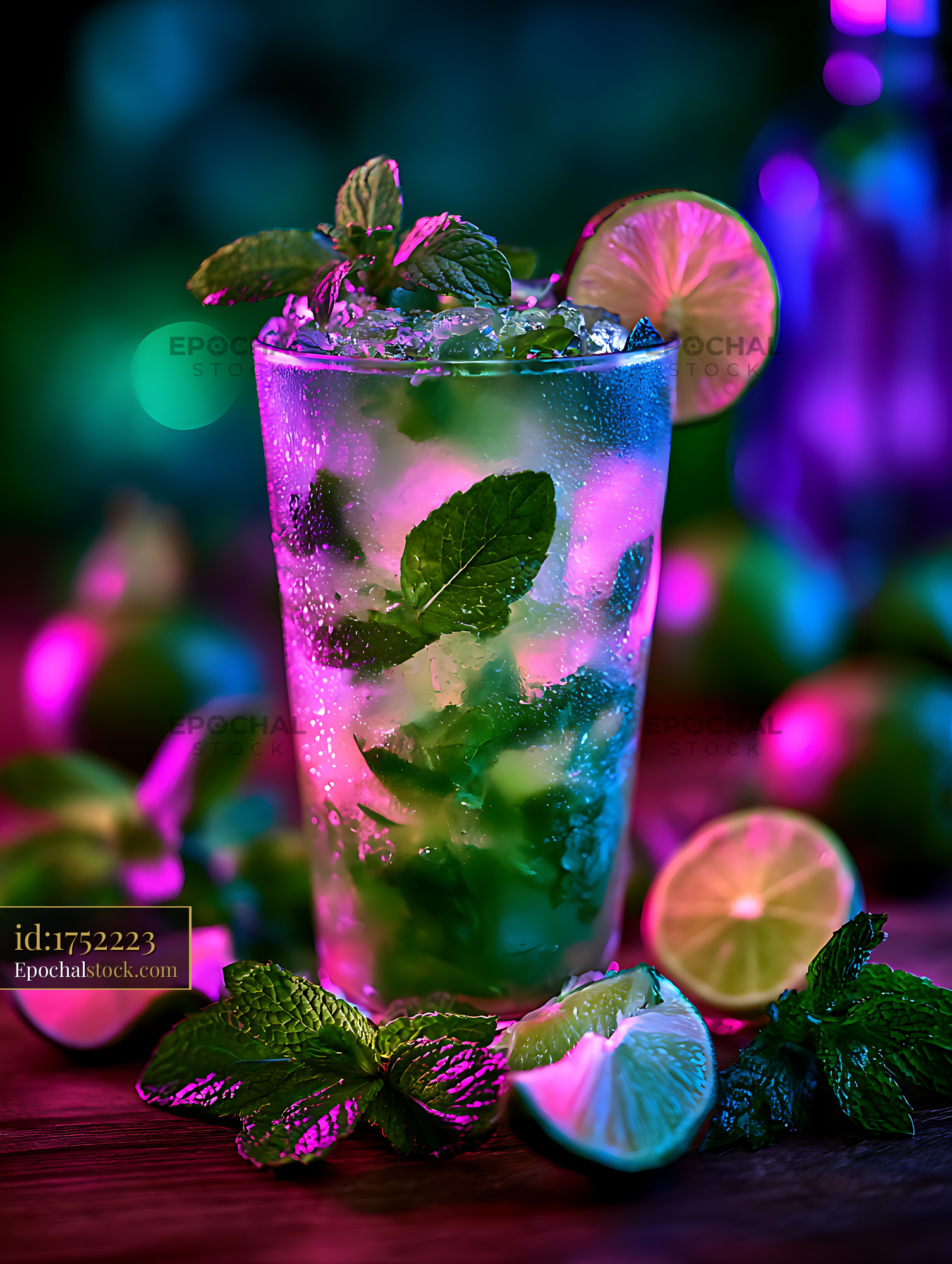 Watermarked full-resolution preview of Colorful mint lime cocktail under neon lights