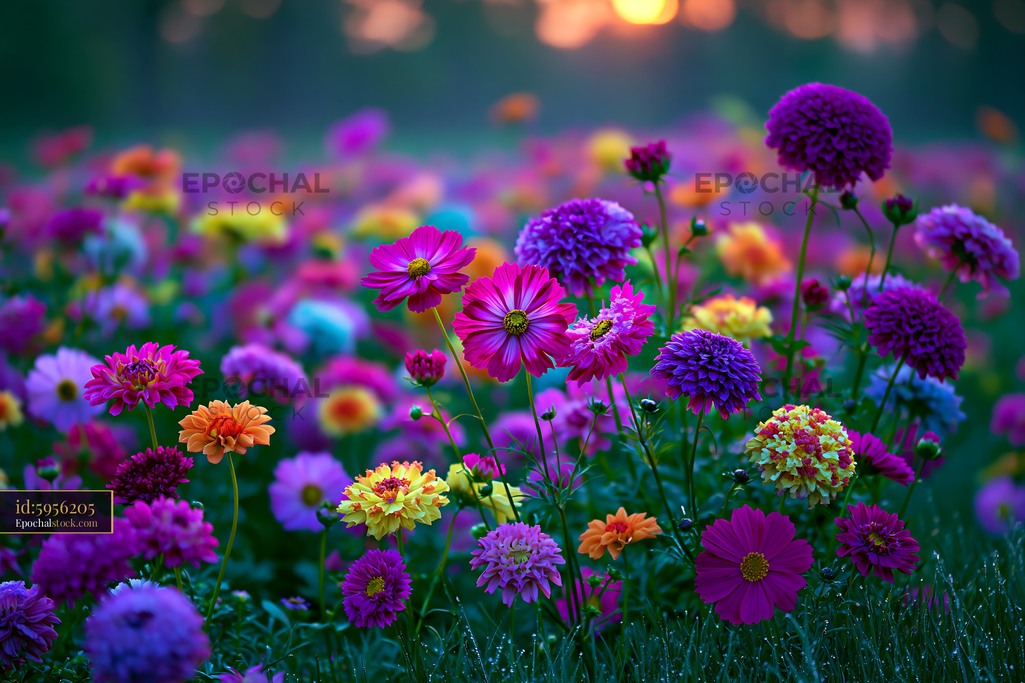 Watermarked full-resolution preview of Colorful flower field during sunset