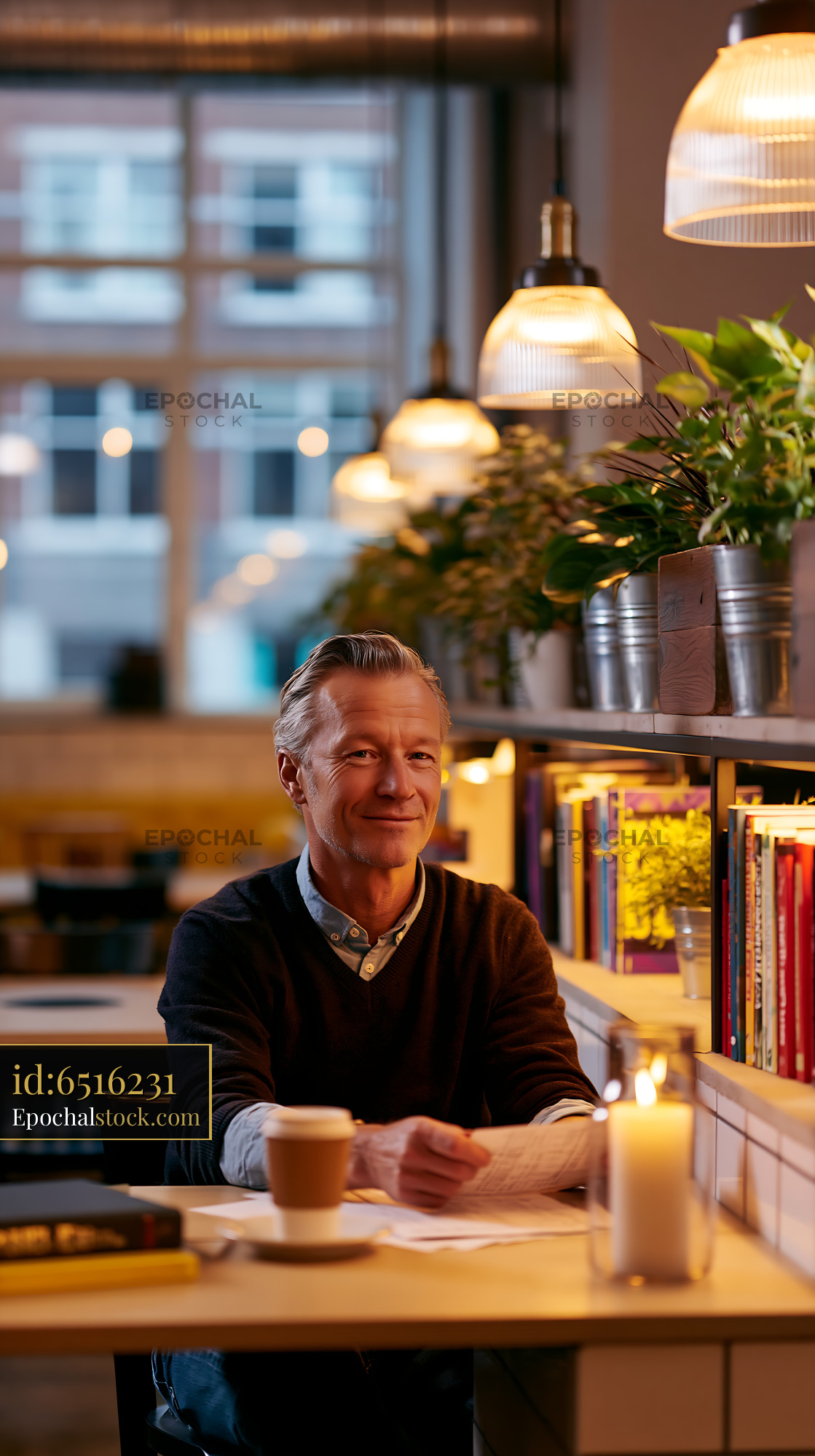 Watermarked full-resolution preview of Man sitting at a table in a cafe with plants and books