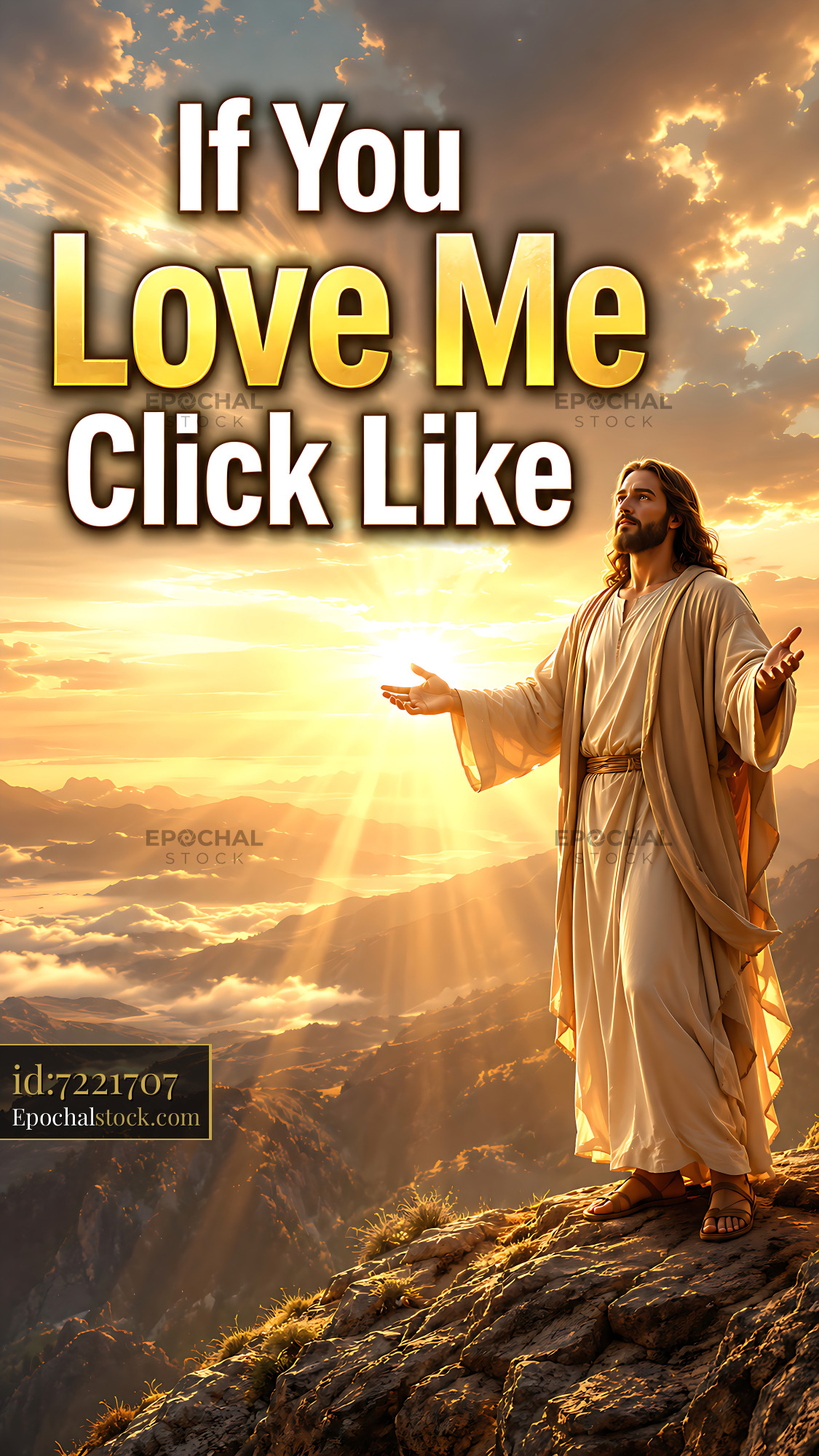 Watermarked full-resolution preview of Jesus standing on a mountain with sunlight in the background