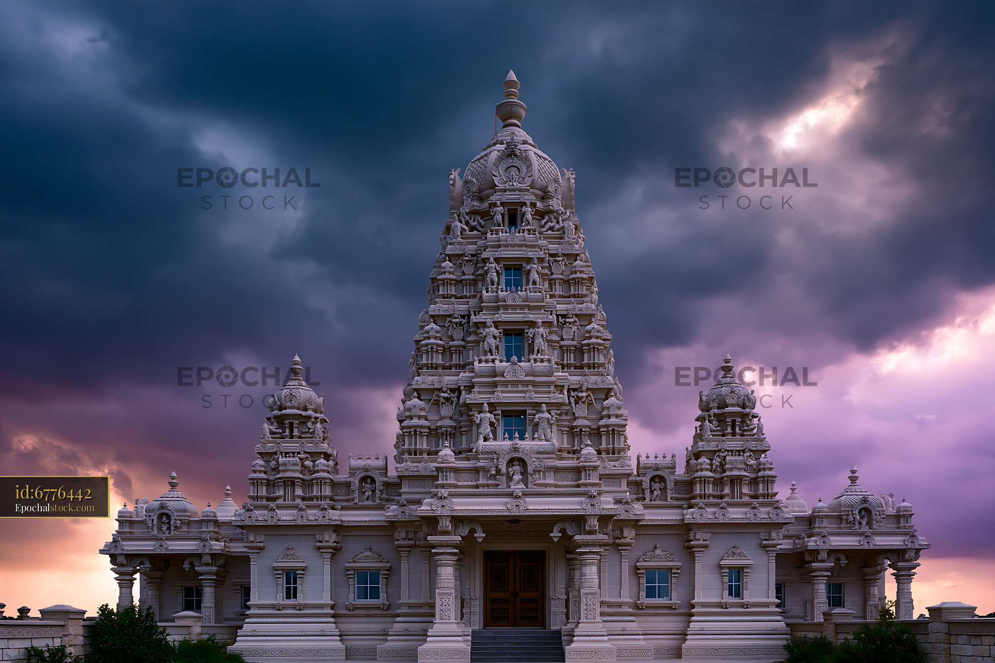 Watermarked full-resolution preview of Temple stands under a dramatic sky at dusk