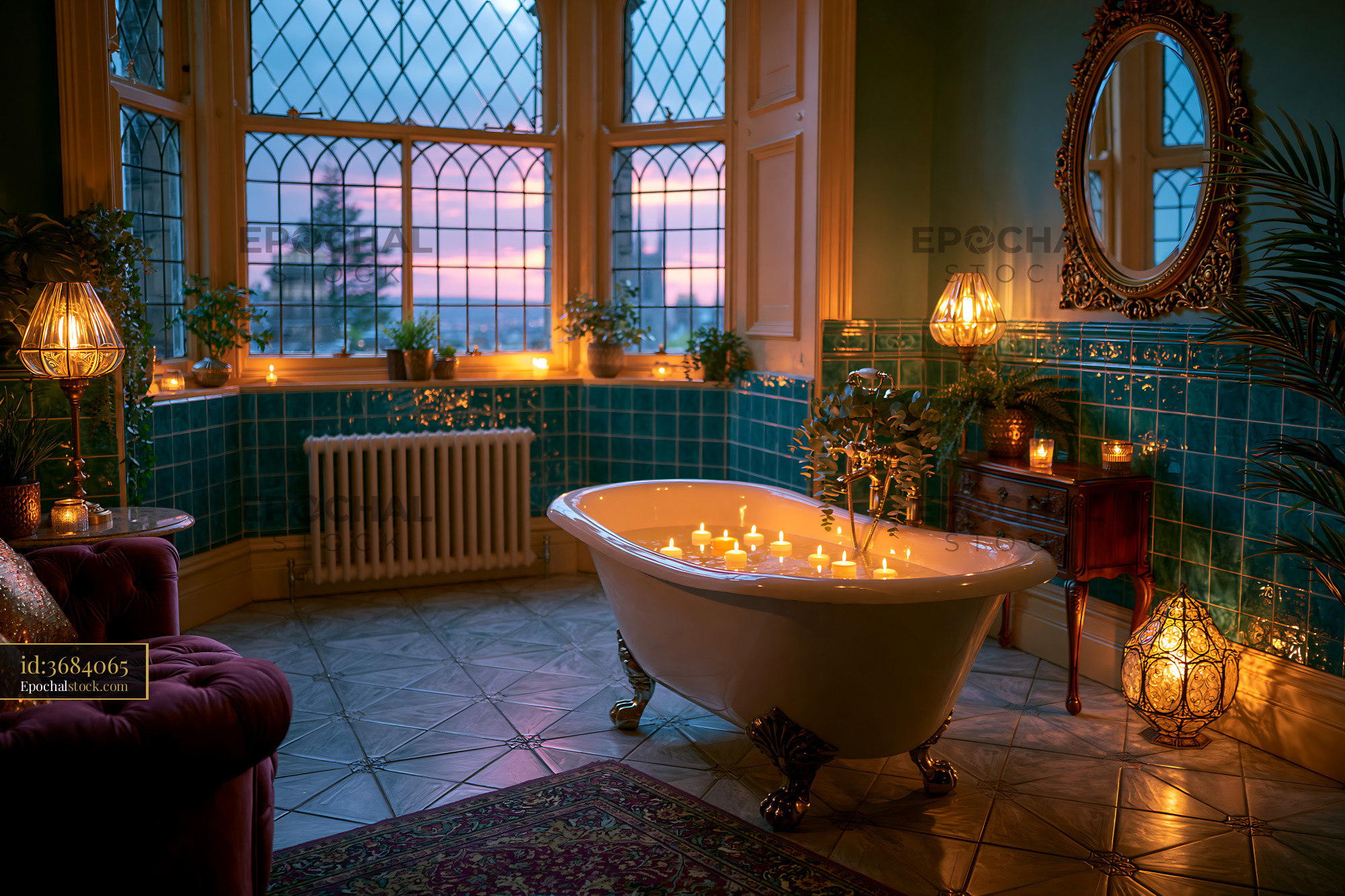 Watermarked full-resolution preview of Relaxing bath scene with candles and sunset view