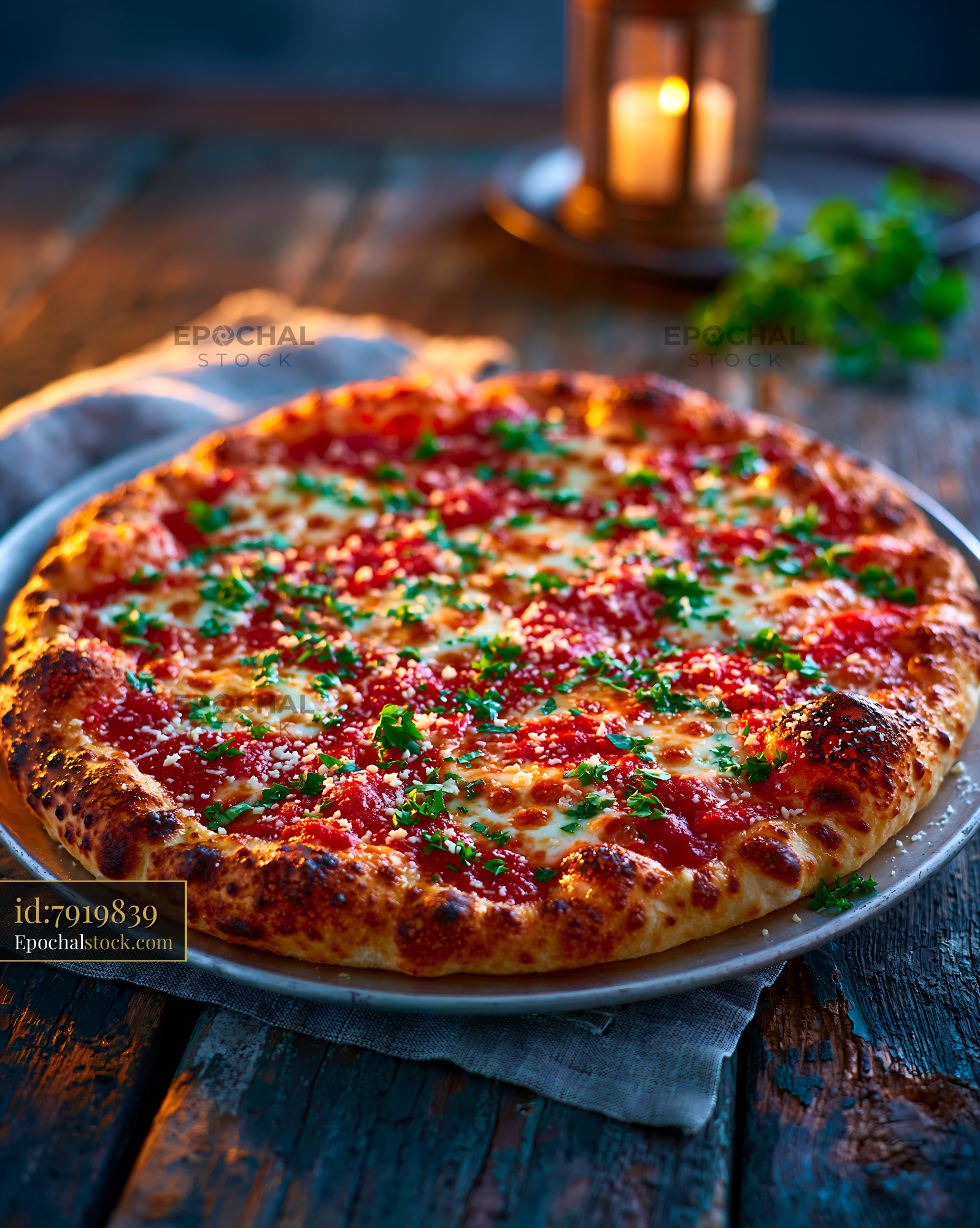 Watermarked full-resolution preview of Cheesy tomato pizza served on a rustic table