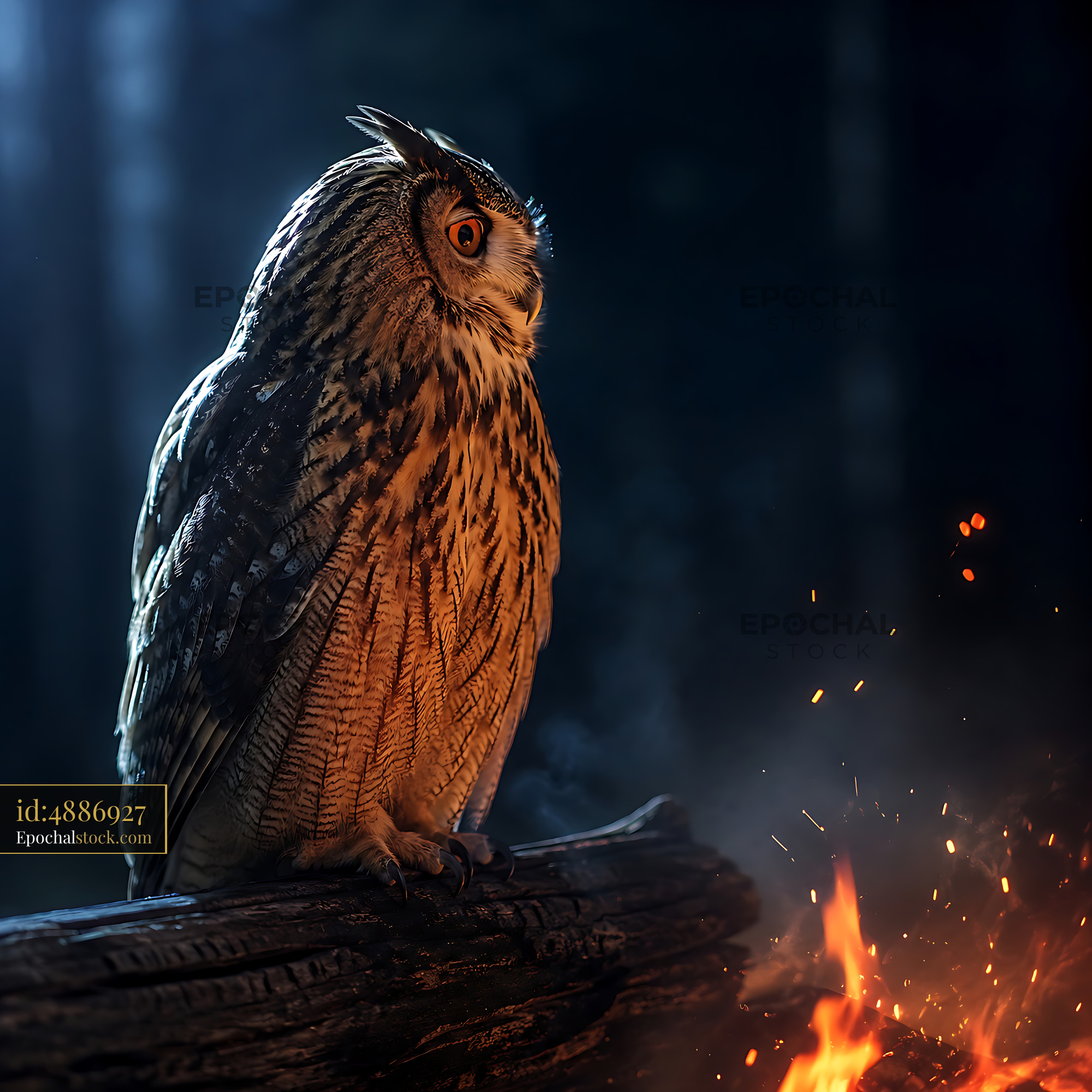 Watermarked full-resolution preview of Owl perched on a log beside a fire at night