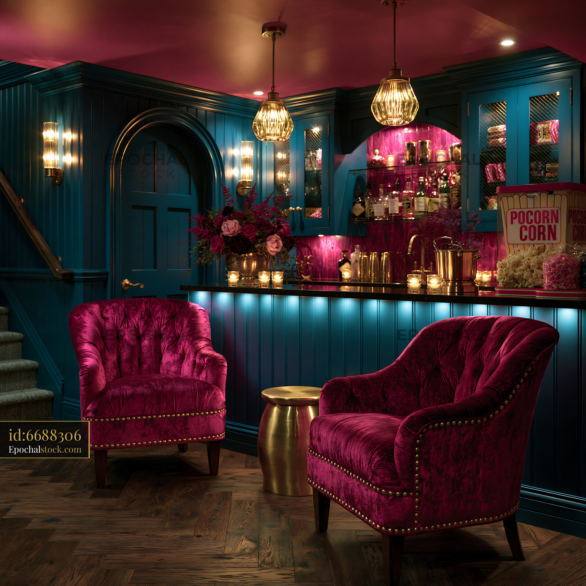 Watermarked full-resolution preview of Elegant interior of a cozy bar with plush chairs and colorful decor