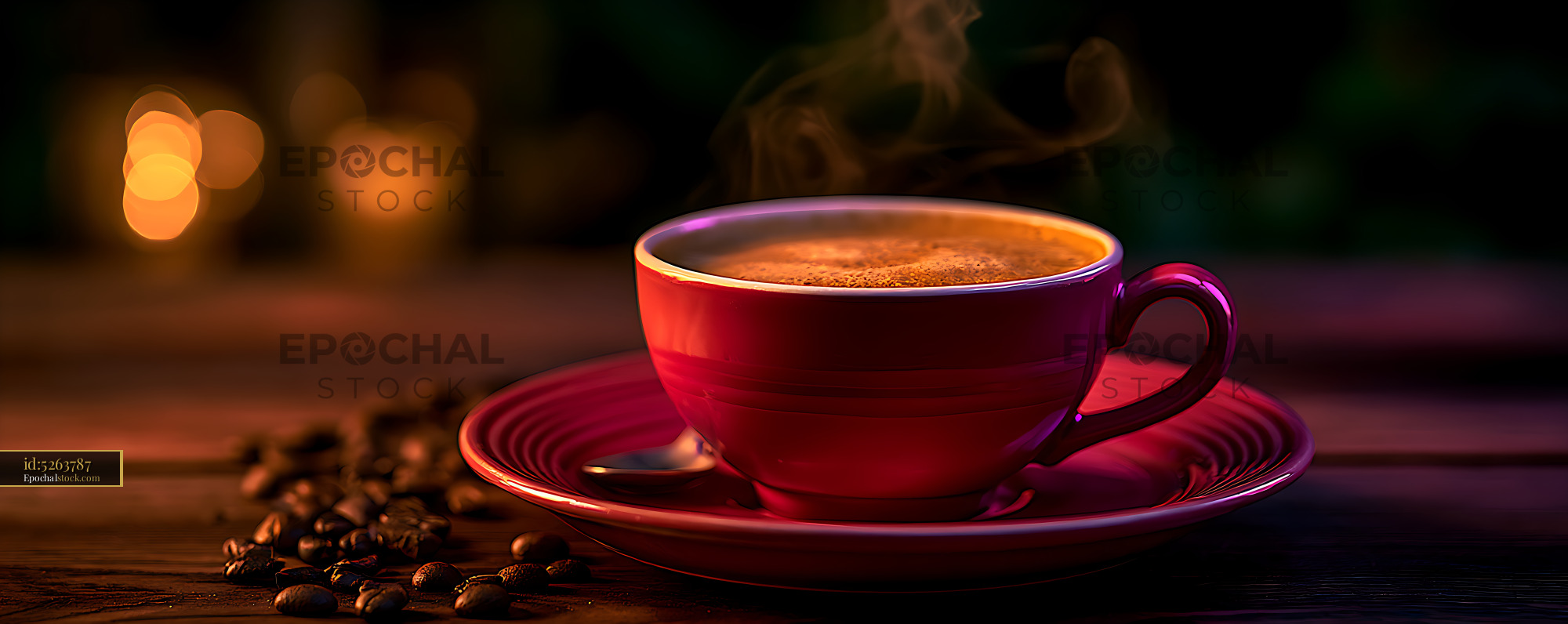 Watermarked full-resolution preview of Steaming coffee in a red cup beside coffee beans