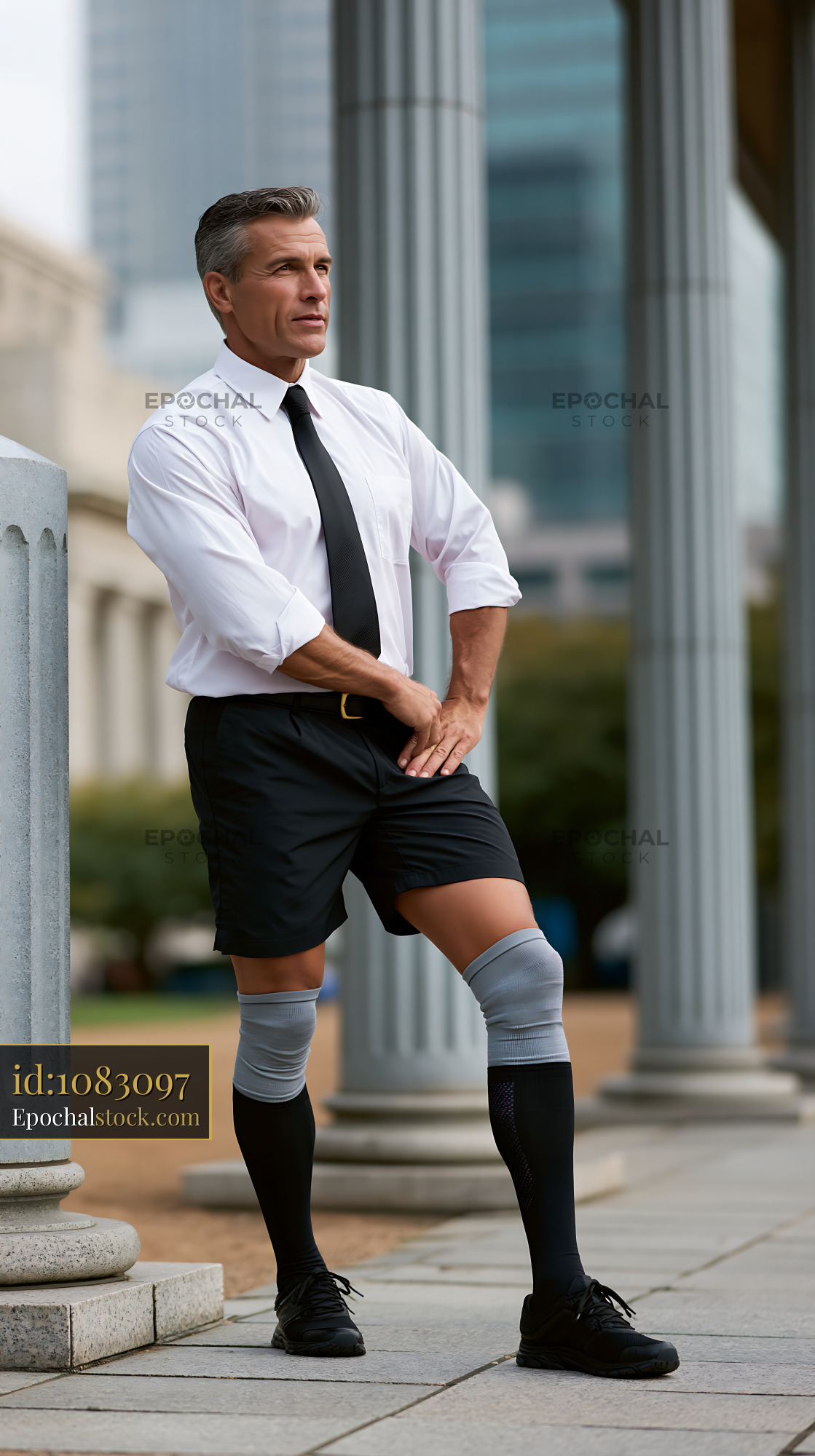 Office Worker in Compression Stockings Poses Outdoors in the City - stock photo