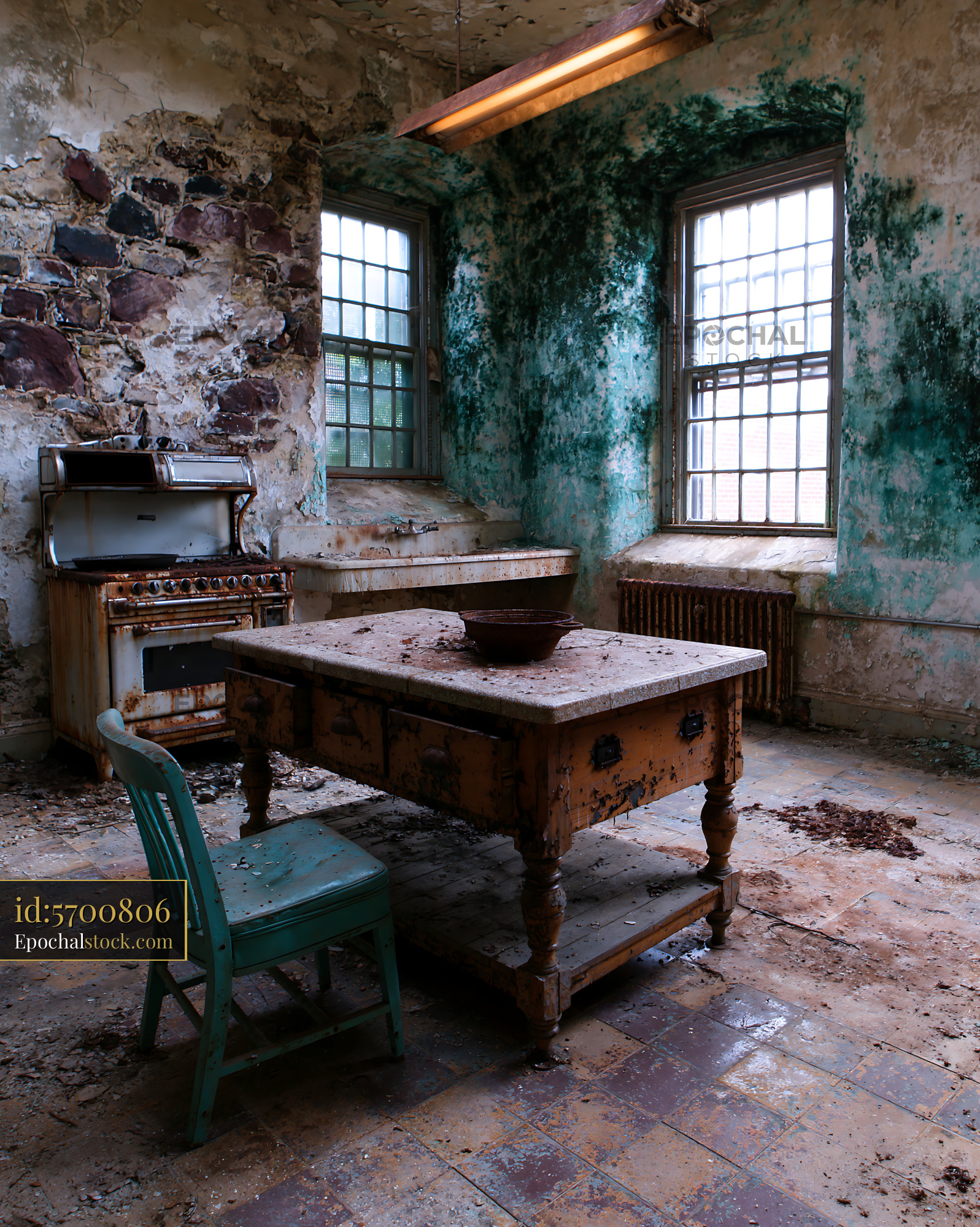 Watermarked full-resolution preview of Weathered abandoned kitchen interior