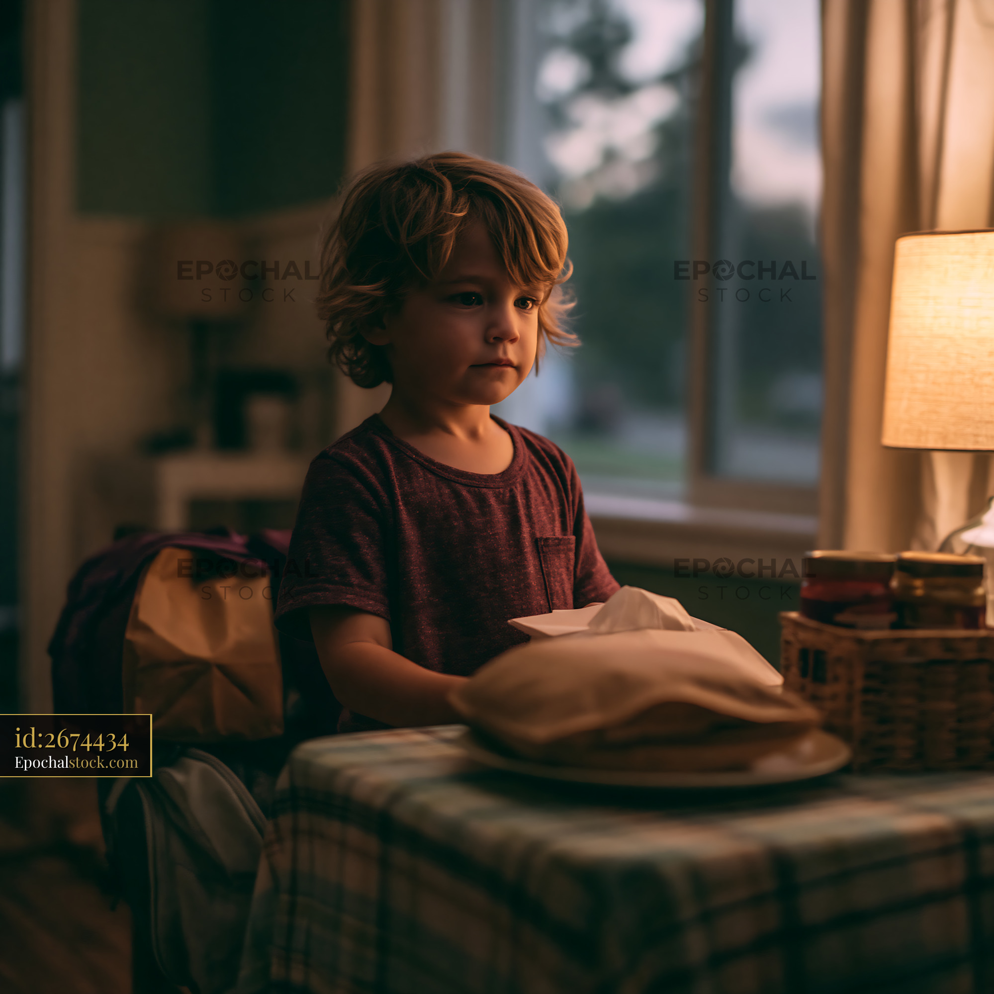 Watermarked full-resolution preview of Child standing at table indoors with snacks in the evening