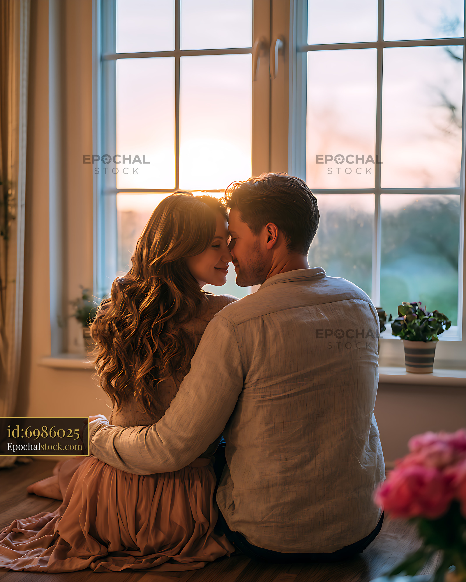 Watermarked full-resolution preview of Romantic couple sitting together in warm window light