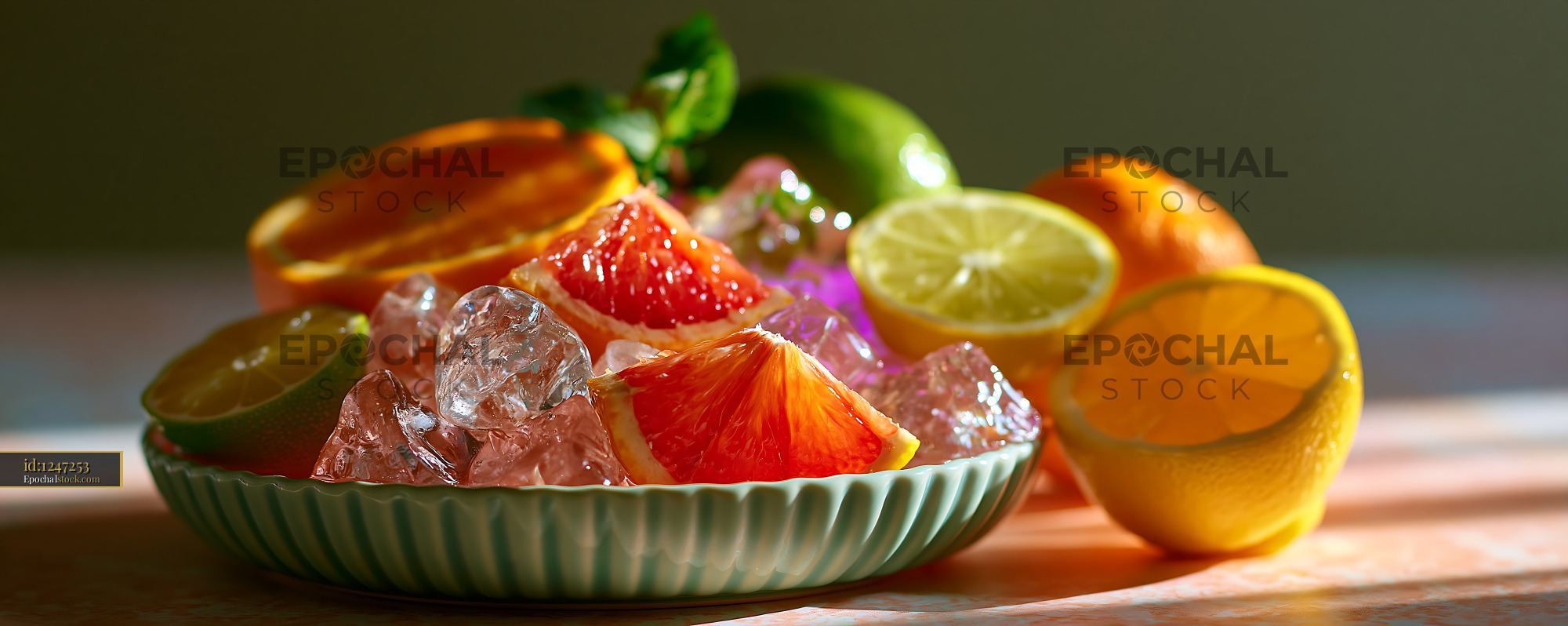 Watermarked full-resolution preview of Fresh fruit slices with ice on a plate