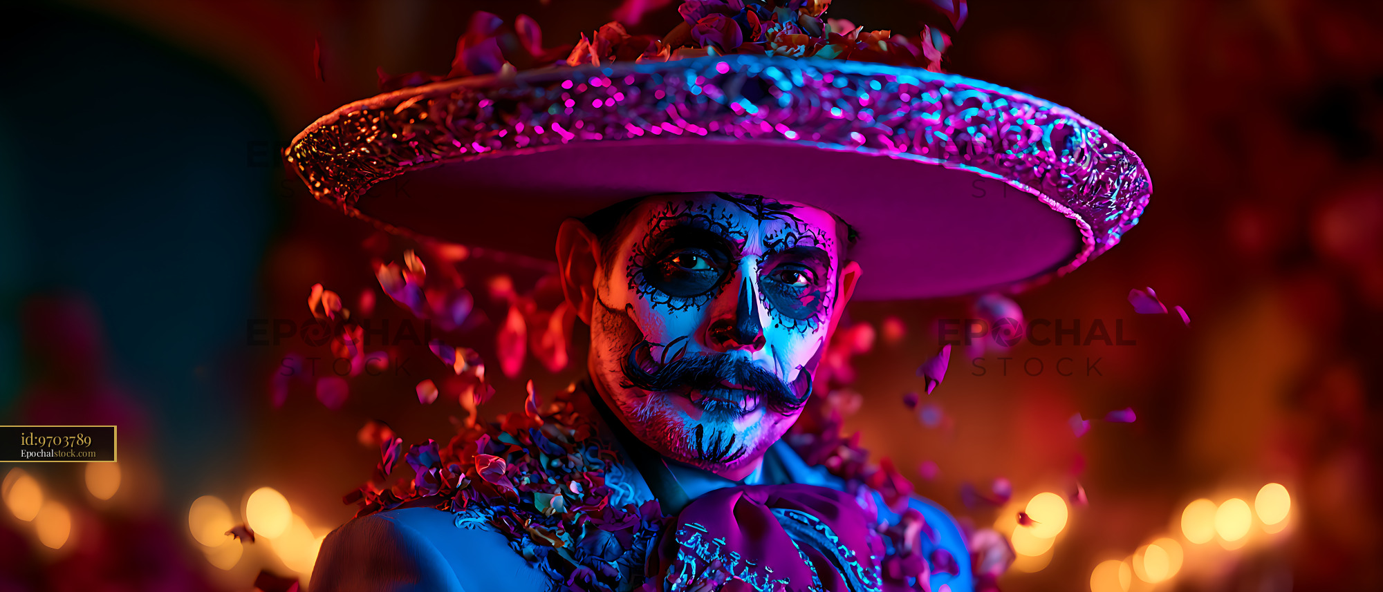 Watermarked full-resolution preview of Vivid portrait of person with skull face paint and sombrero
