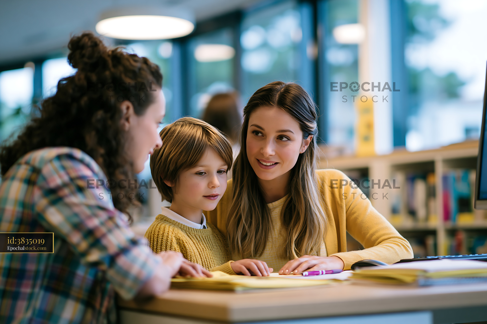 Watermarked full-resolution preview of Mother and child reading with a woman at a library