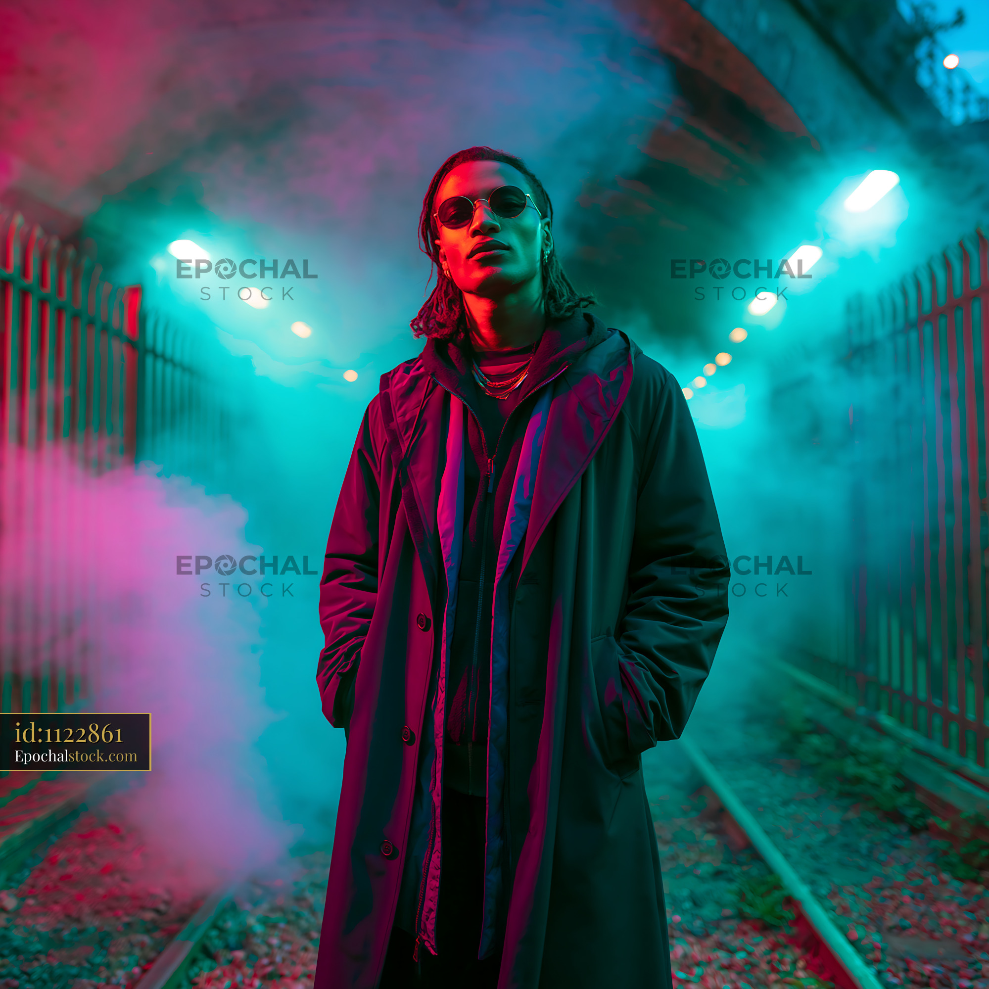 Watermarked full-resolution preview of Man in black coat standing in colored smoke under glowing lights