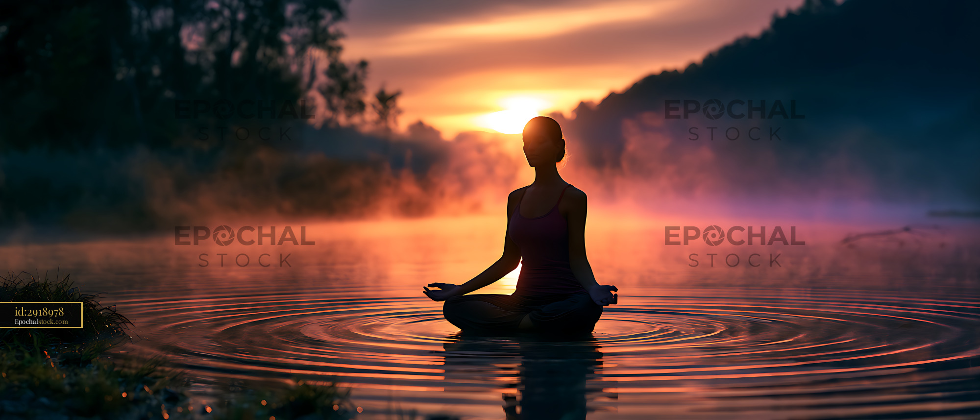 Watermarked full-resolution preview of Woman practicing meditation in a lake during sunset