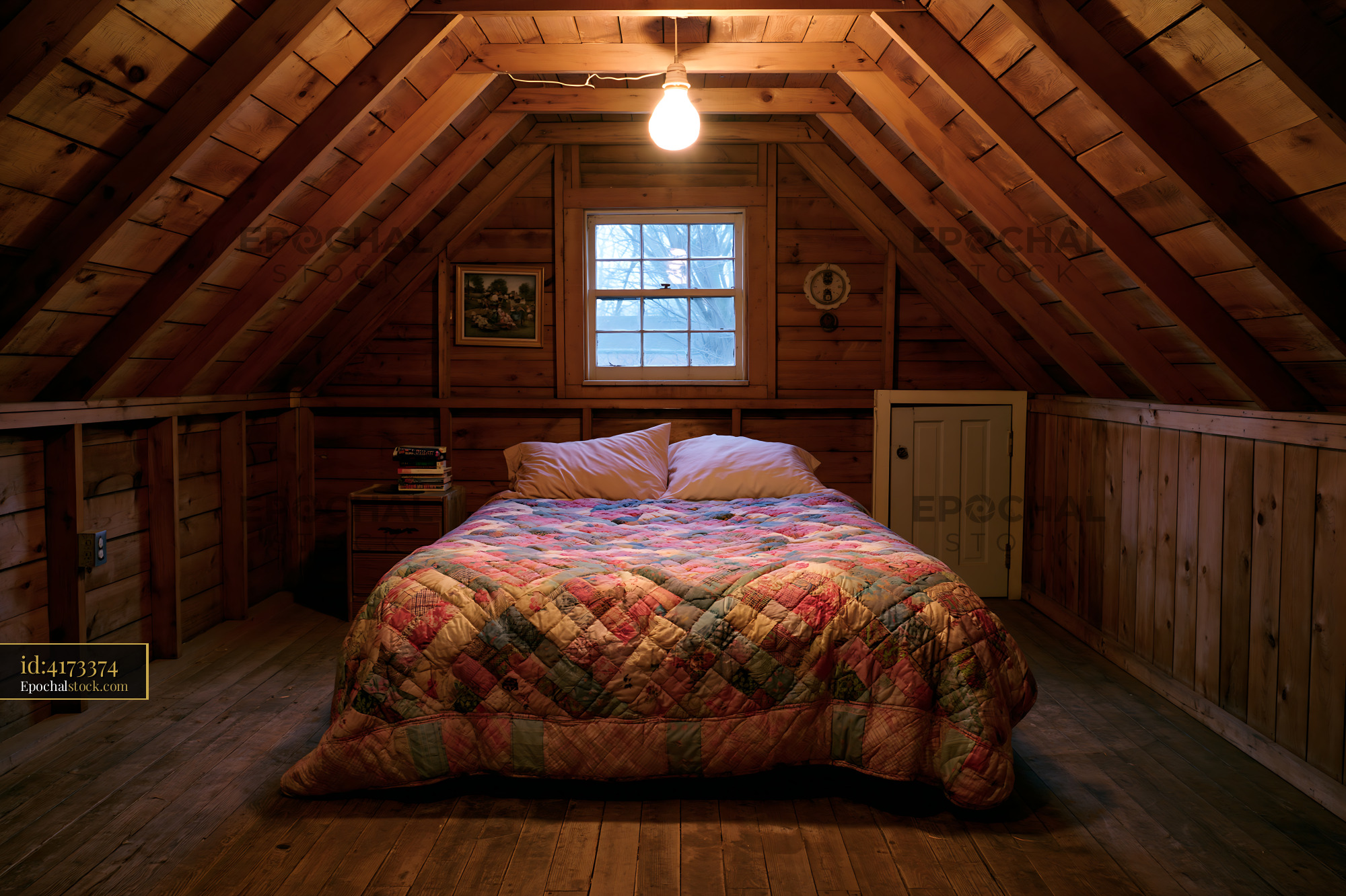 Watermarked full-resolution preview of Cozy bedroom in an attic with wooden walls and simple decor