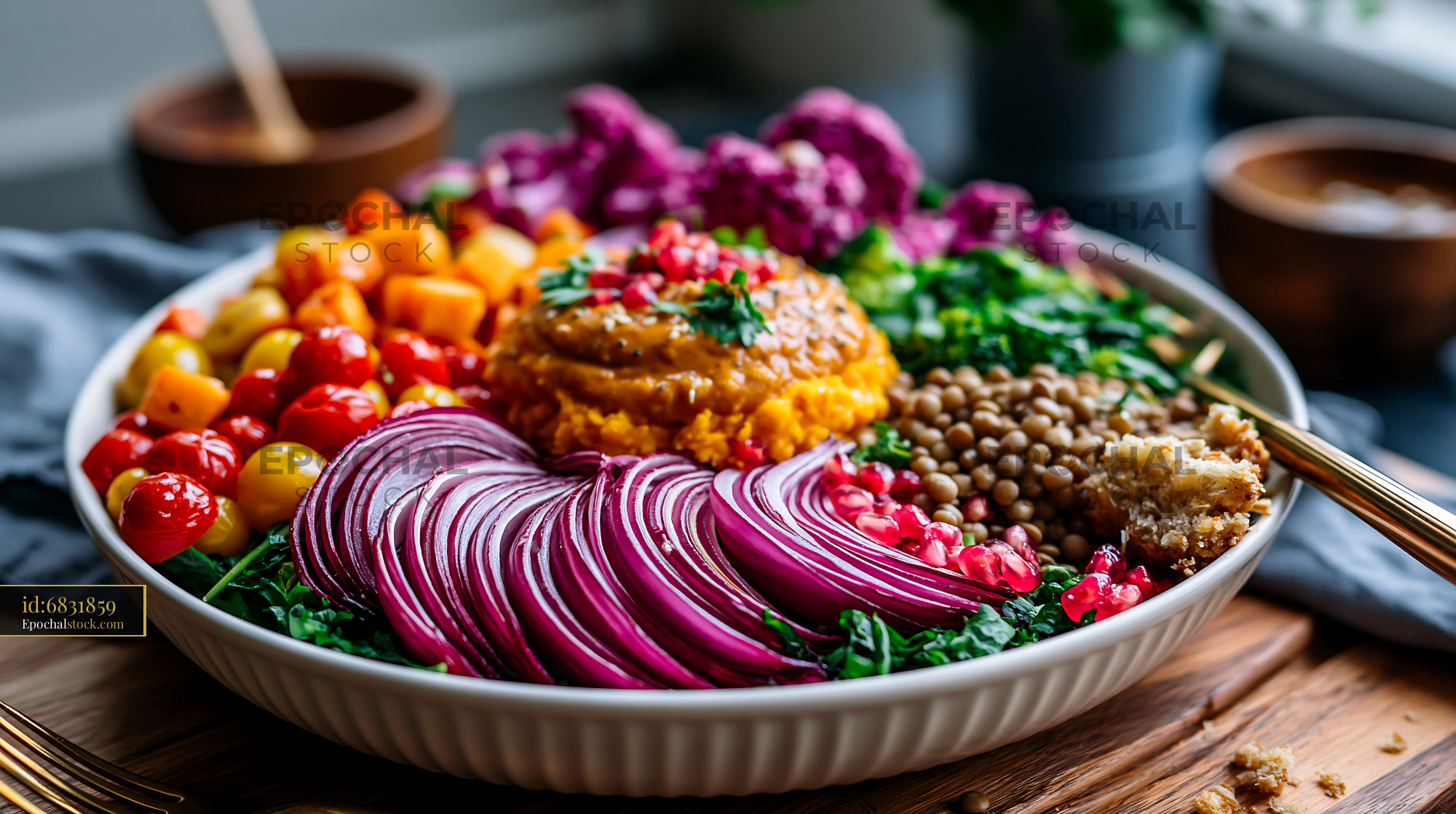 Watermarked full-resolution preview of Colorful vegetables and grains arranged in a bowl with dip