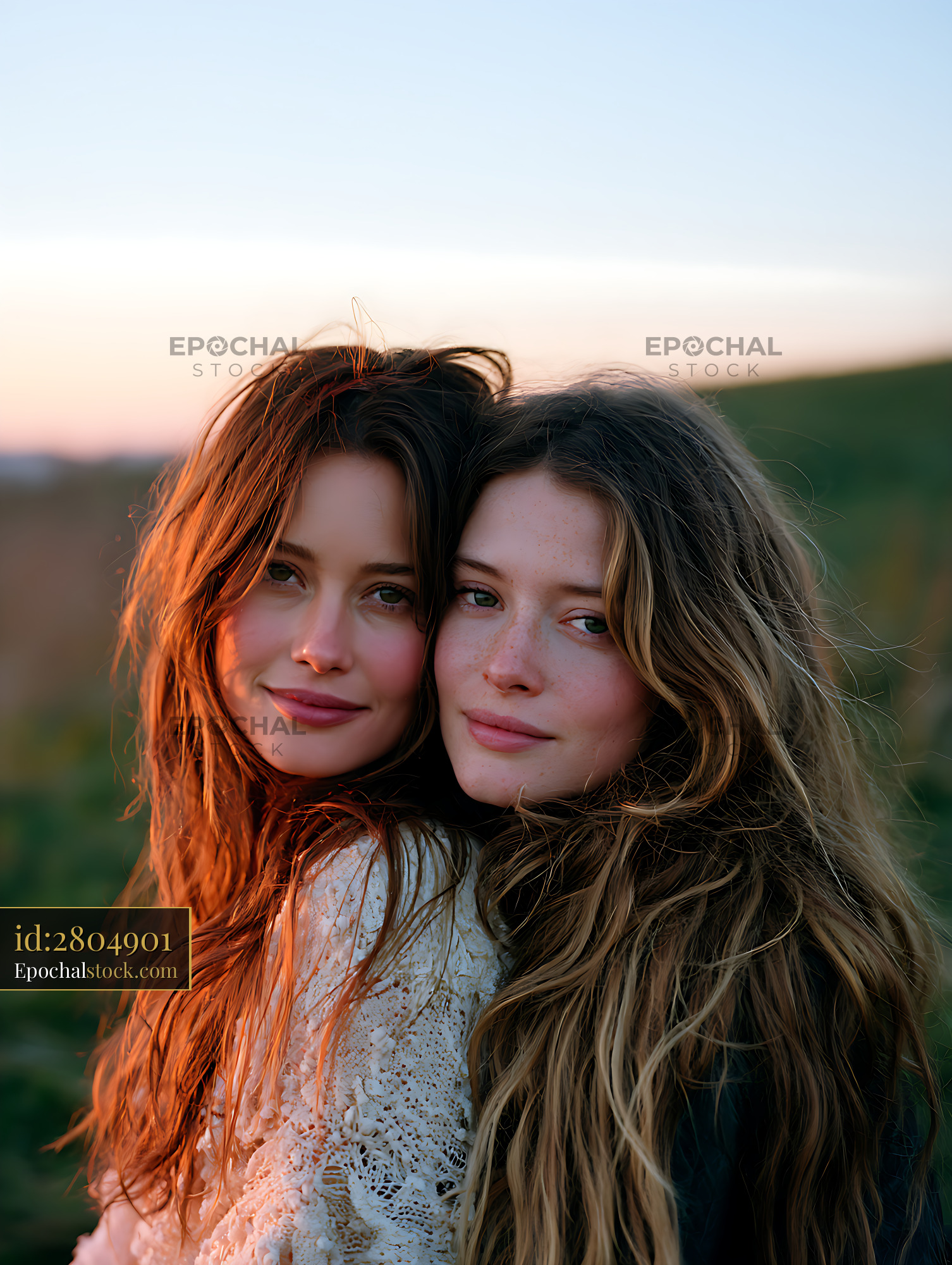 Watermarked full-resolution preview of Close portrait of two women in warm evening light