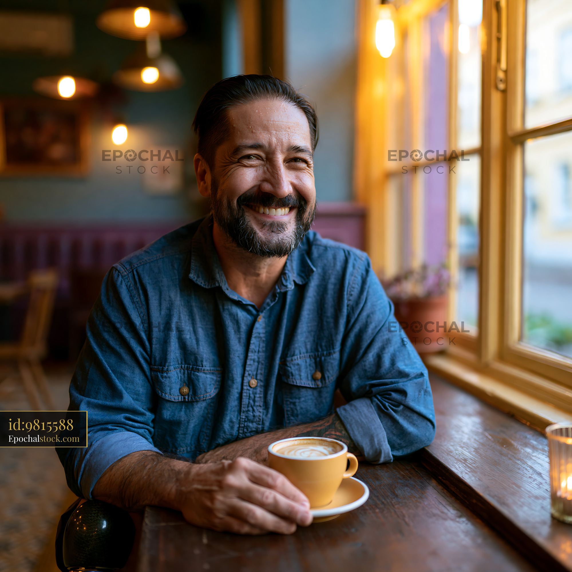 Watermarked full-resolution preview of Smiling man enjoying coffee in a cozy cafe