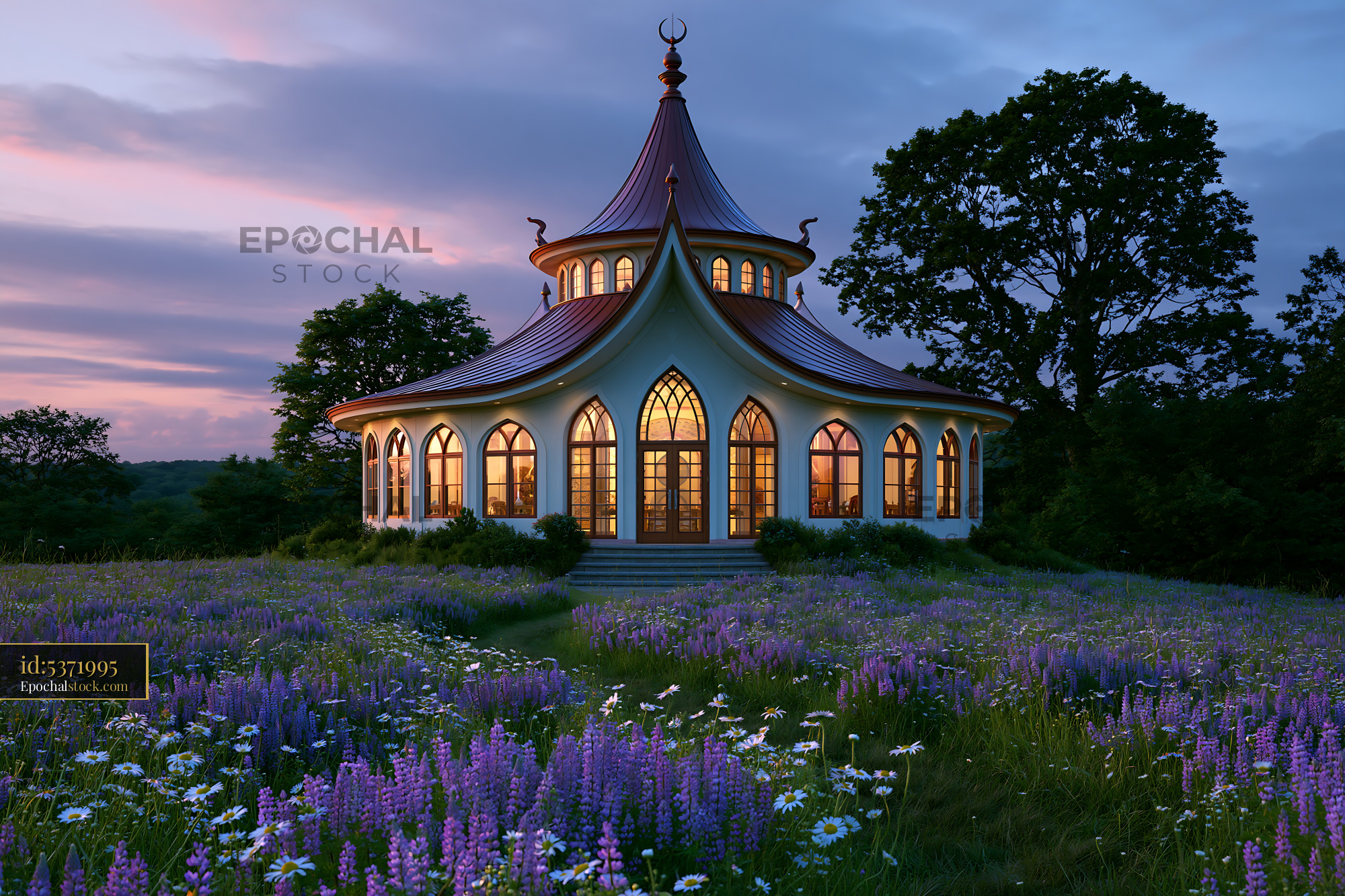 Watermarked full-resolution preview of Beautiful building surrounded by flowers at sunset