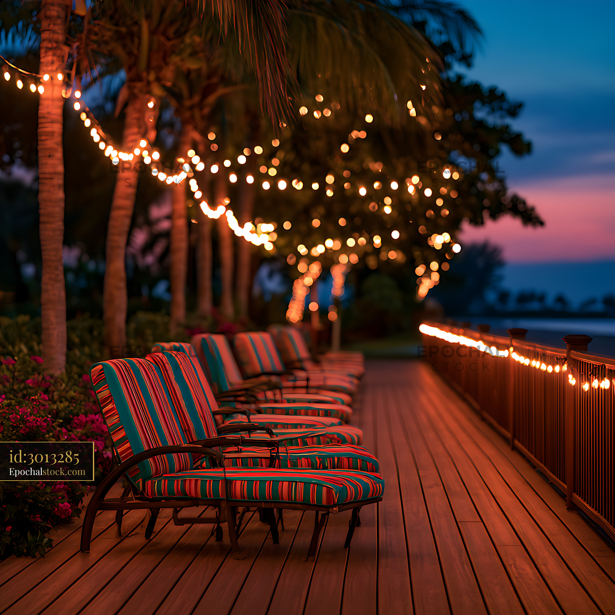 Watermarked full-resolution preview of Outdoor lounge deck with glowing lights and palm trees
