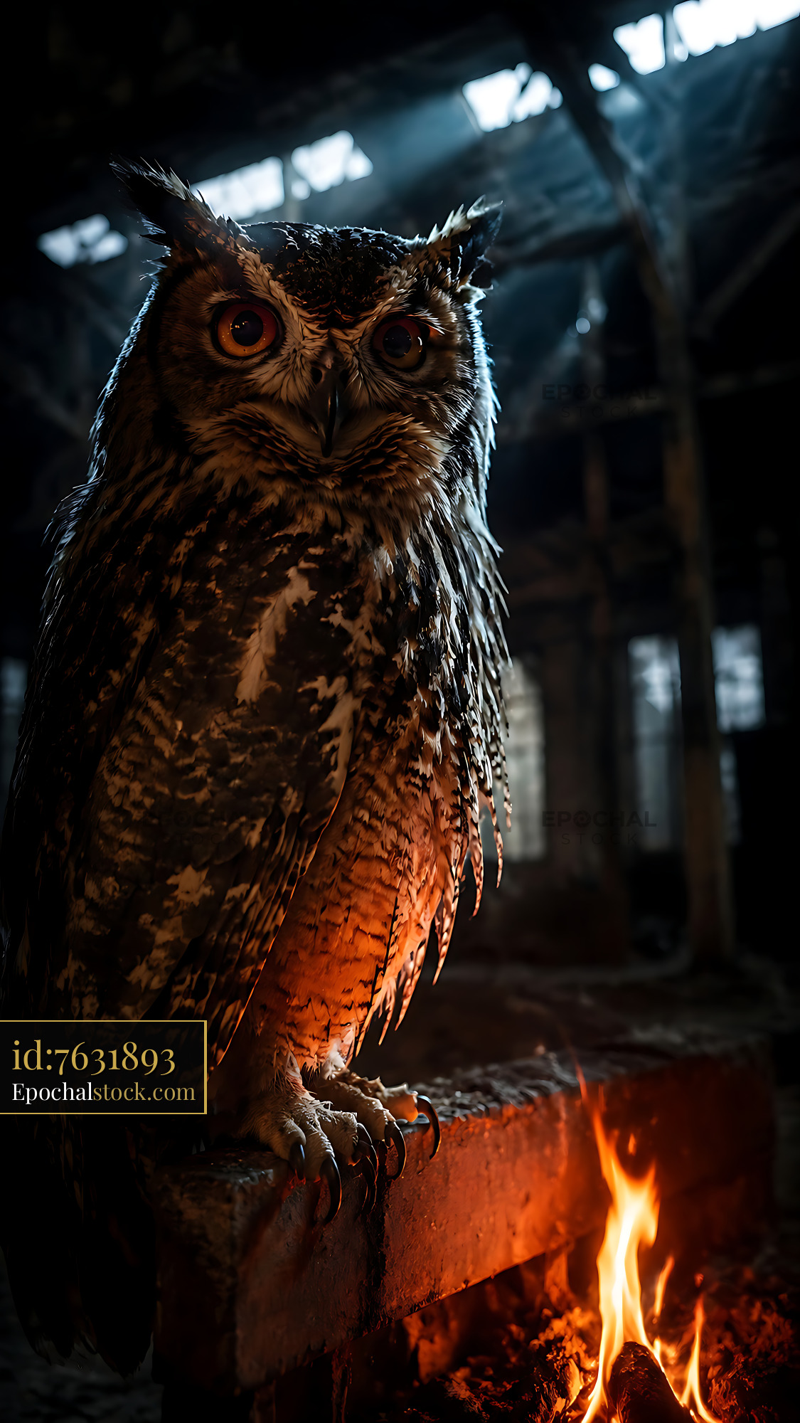 Watermarked full-resolution preview of Owl resting near a fire in a dark warehouse setting
