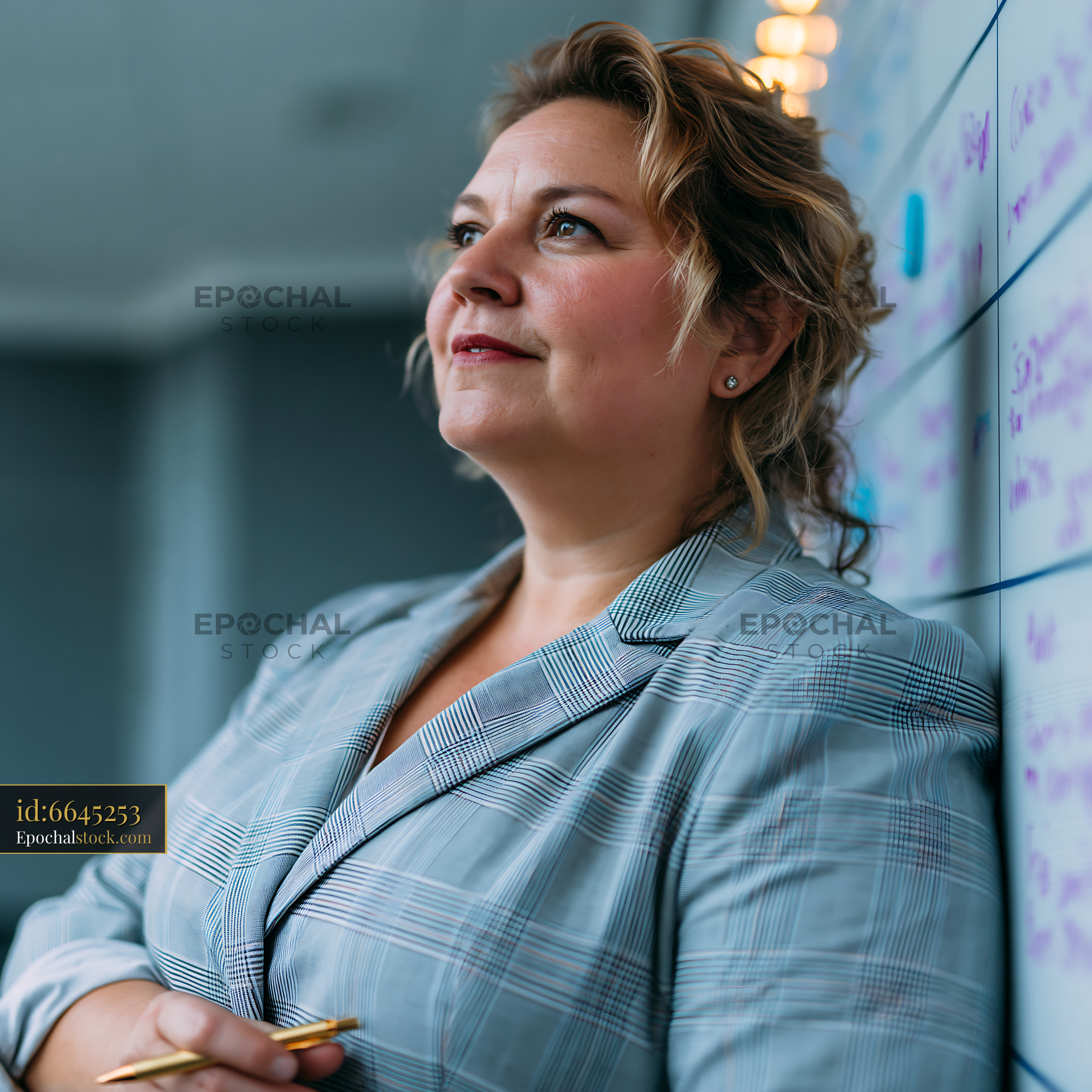 Plus Size Businesswoman in Tailored Suit at Modern Workspace - stock photo