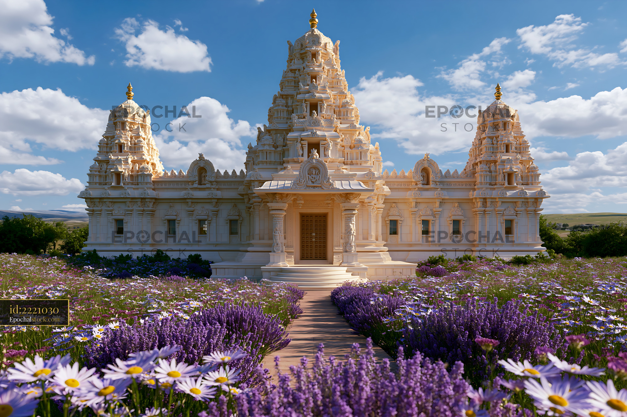 Watermarked full-resolution preview of Temple surrounded by flowers on a sunny day