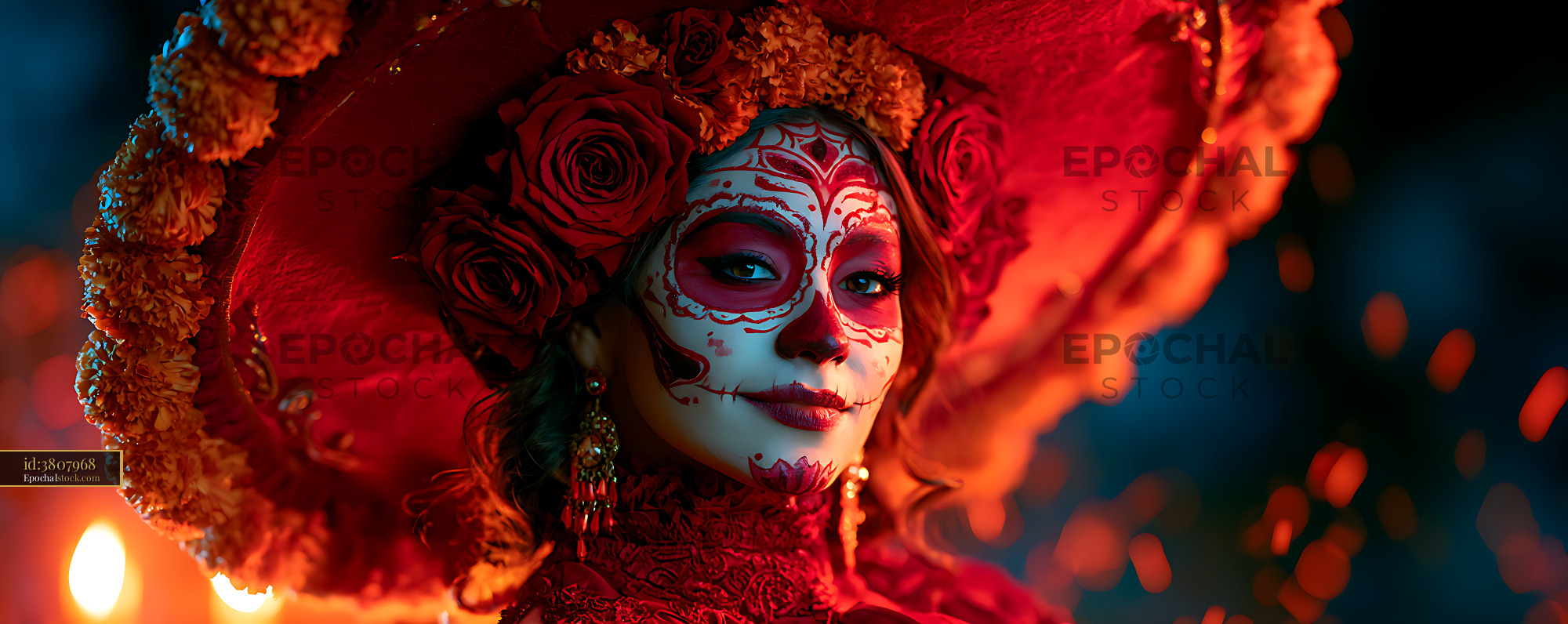 Watermarked full-resolution preview of Dramatic close-up portrait with red floral headpiece and face paint