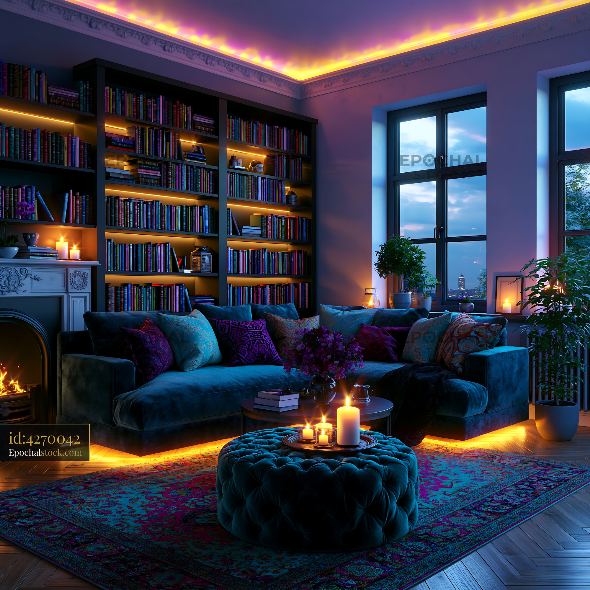 Watermarked full-resolution preview of Cozy living room with bookshelves and warm lighting in evening hours