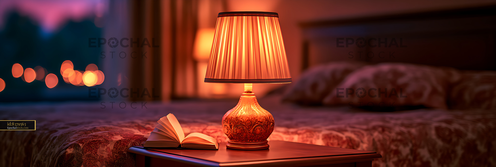 Watermarked full-resolution preview of Cozy bedroom interior with glowing table lamp and open book
