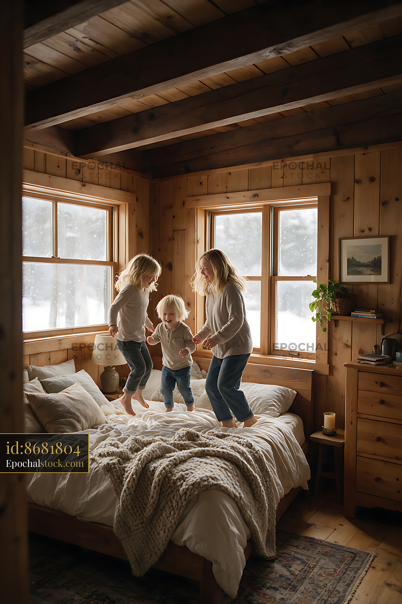Watermarked full-resolution preview of Mother Playing with Blond Children on Bed
