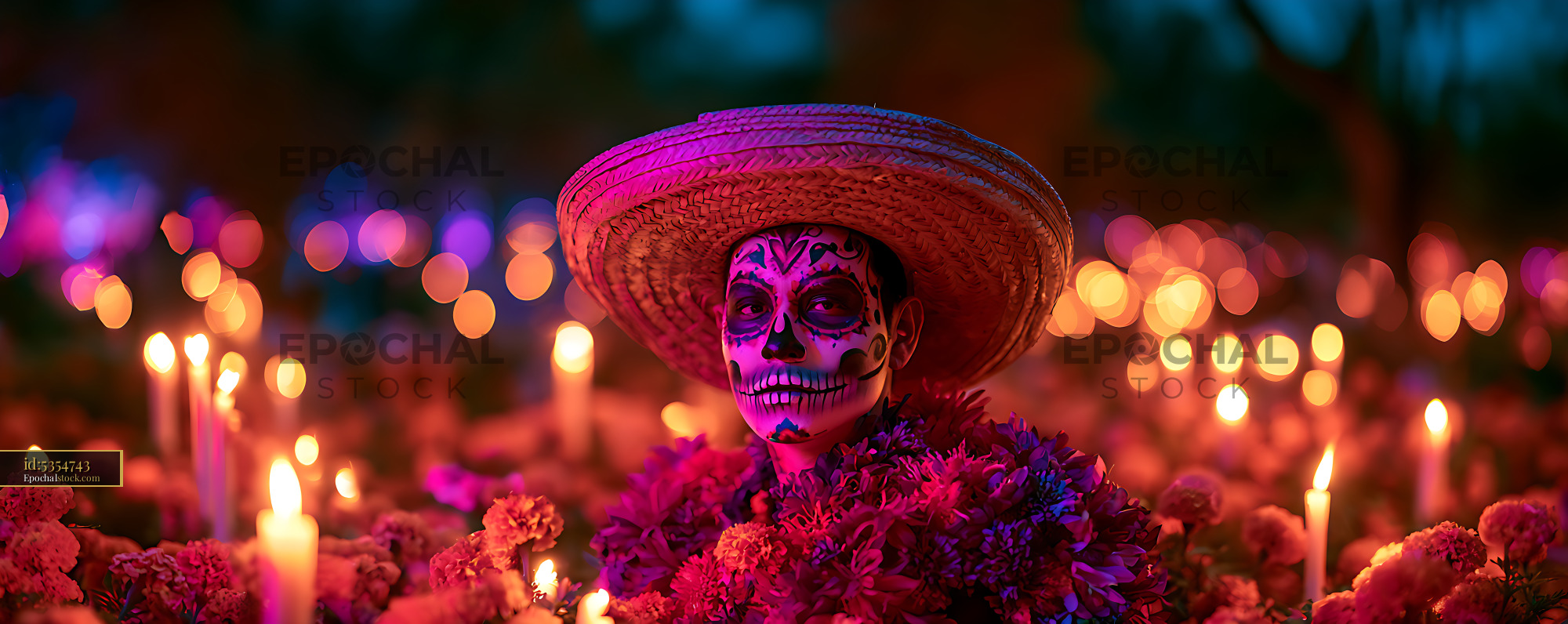 Watermarked full-resolution preview of Colorful sugar skull portrait with sombrero, flowers, and candles