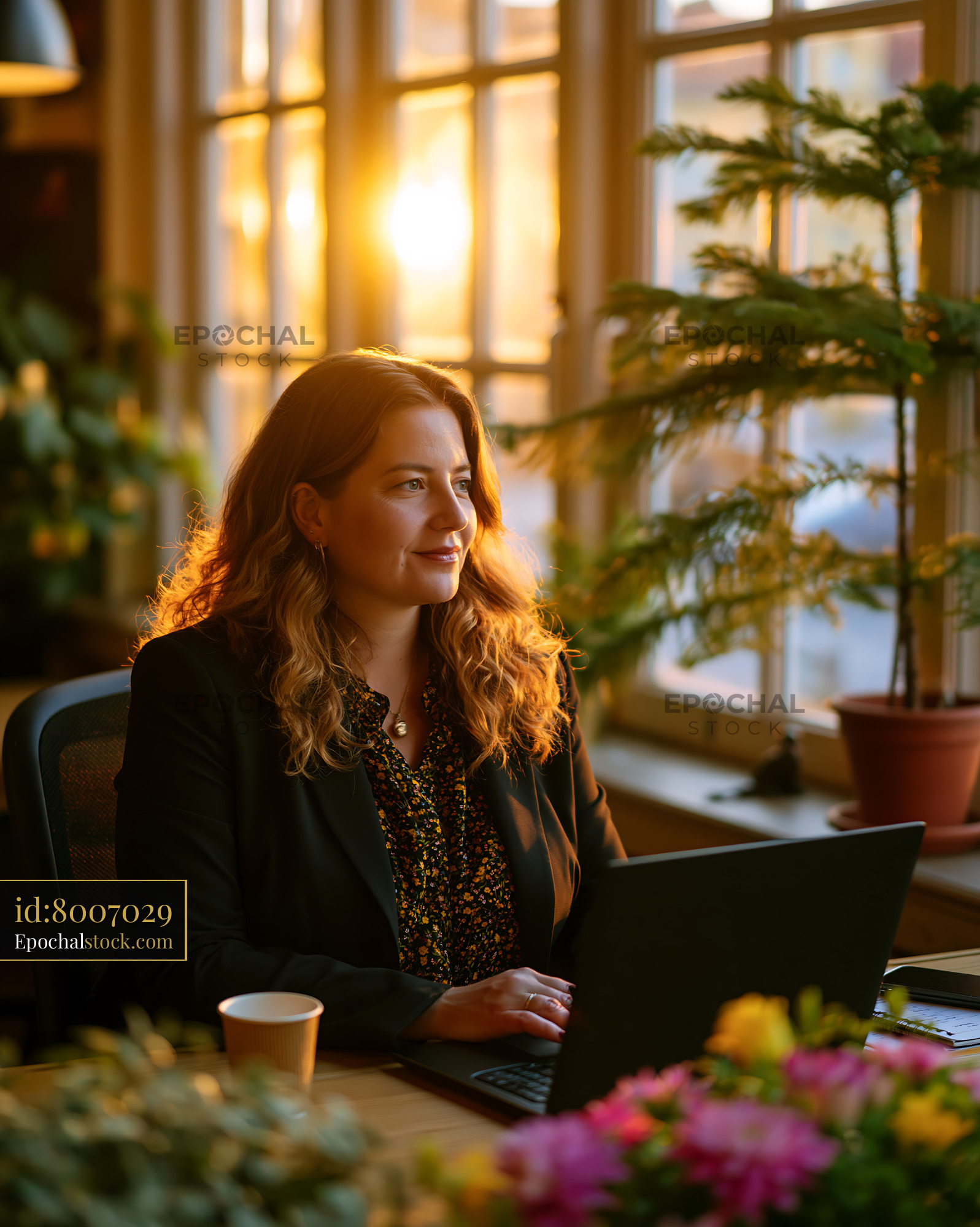 Watermarked full-resolution preview of Woman working on laptop by window during sunset