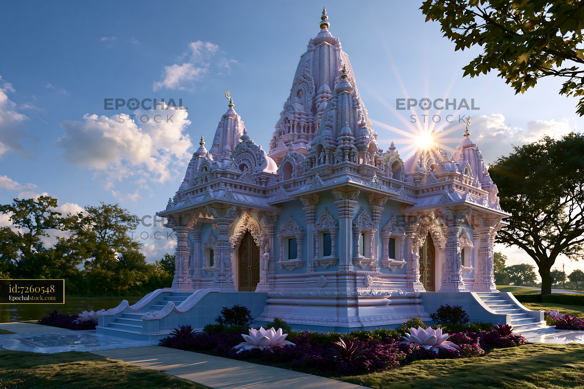 Watermarked full-resolution preview of Hindu temple with white architecture at sunset near a lake