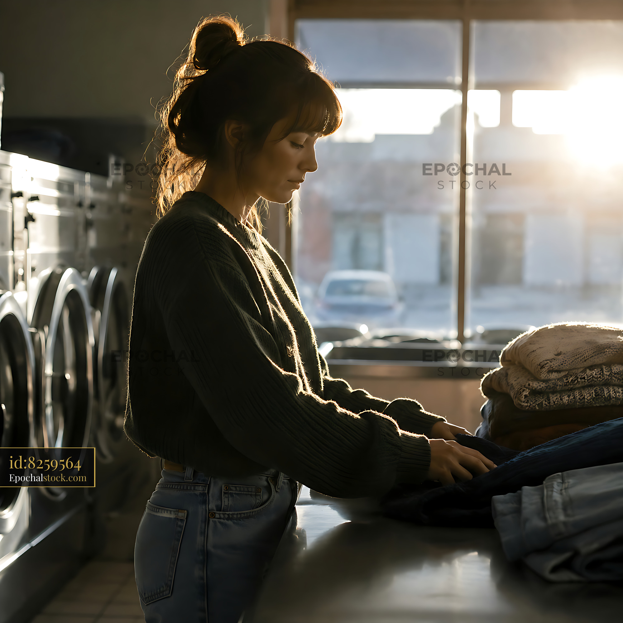 Watermarked full-resolution preview of Woman folding laundry in a laundromat during sunset