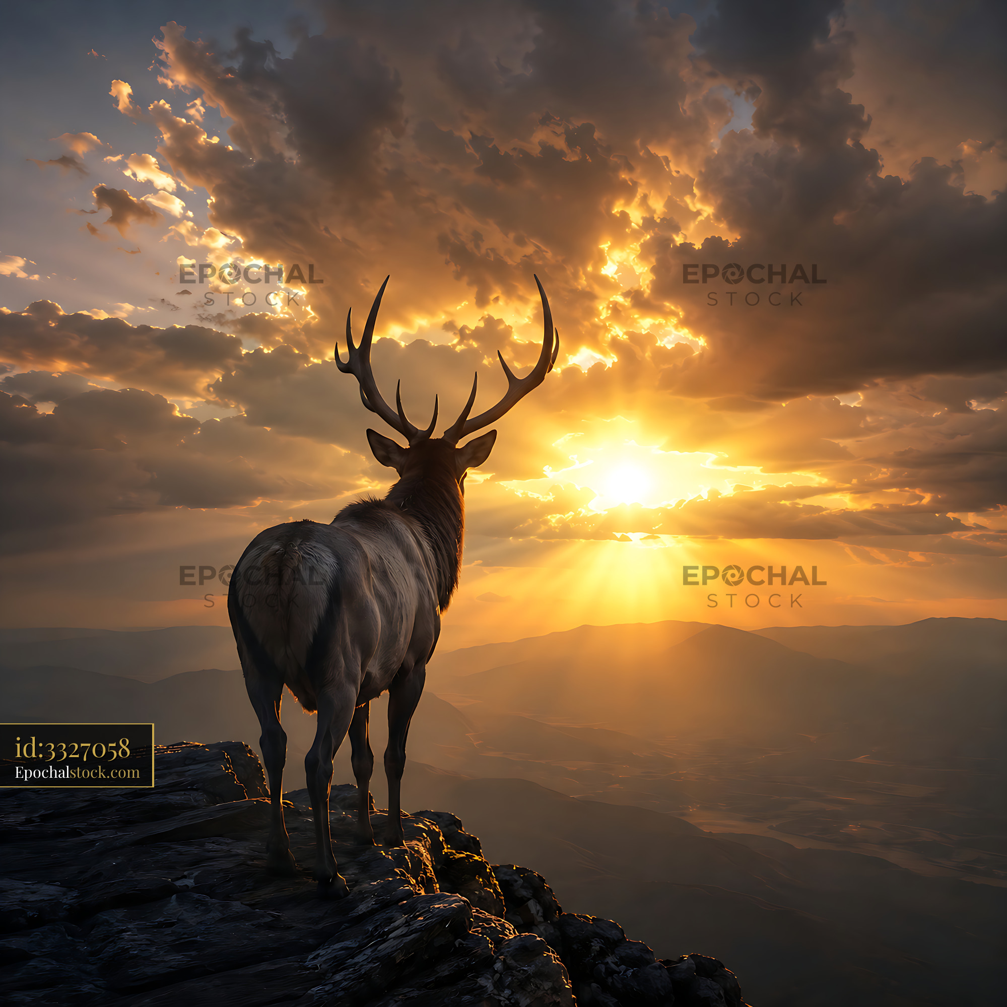 Watermarked full-resolution preview of Deer standing on cliff at sunset against dramatic clouds