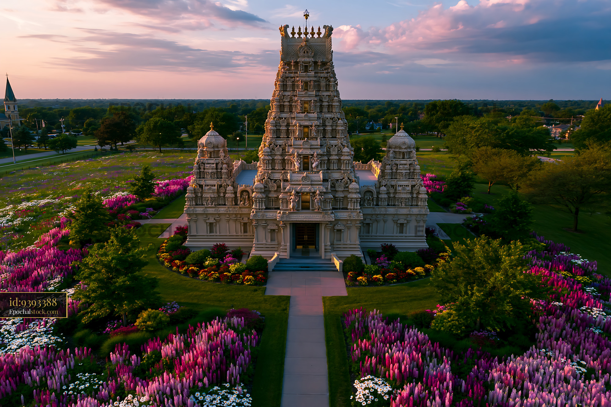 Watermarked full-resolution preview of Colorful flowers surround a temple at sunset in a garden