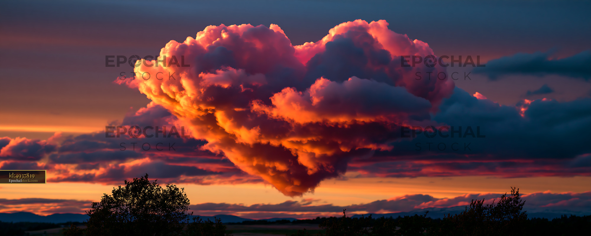 Watermarked full-resolution preview of Heart-shaped cloud at sunset over a landscape