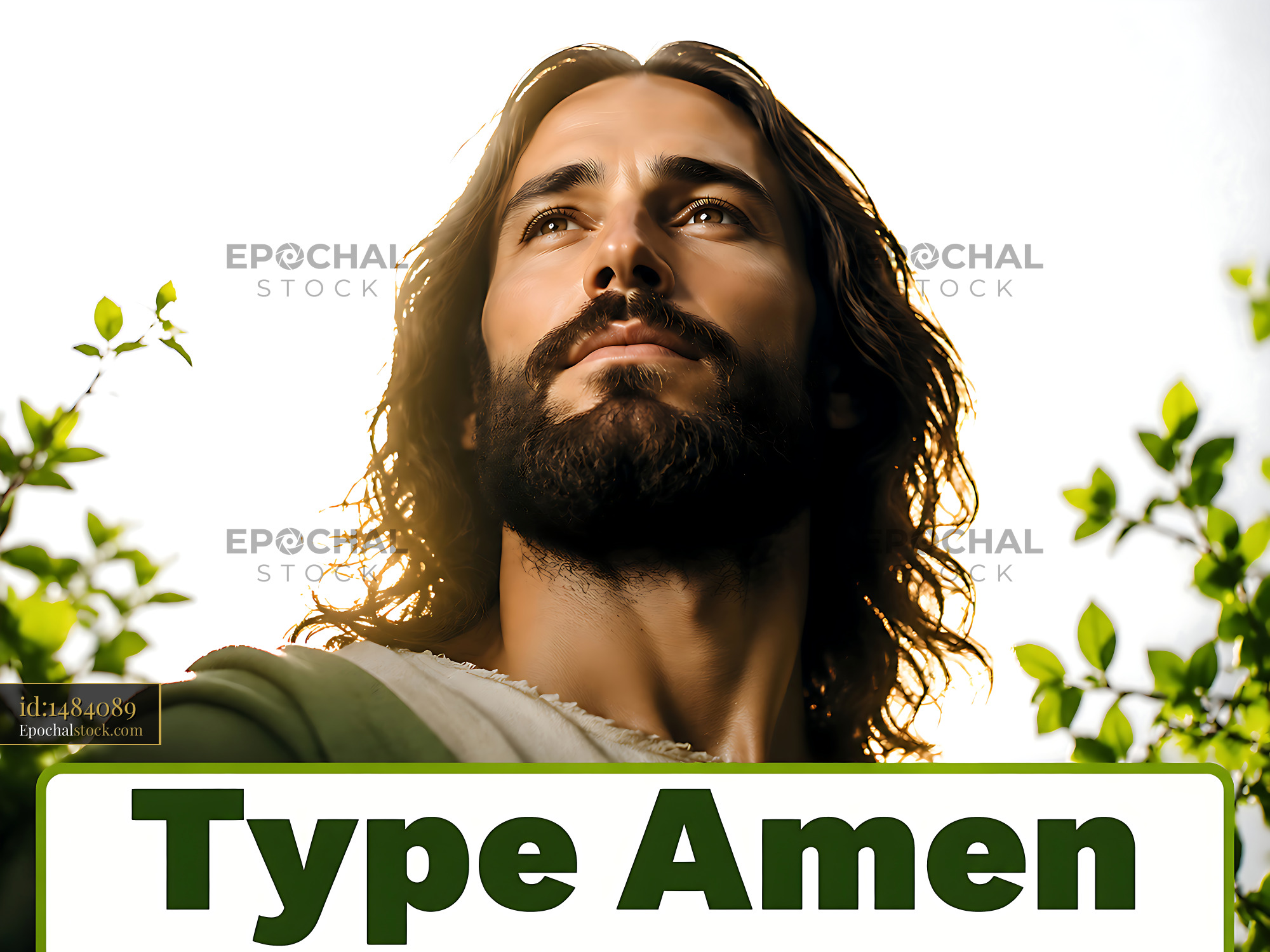 Man With Long Hair and Beard Looking up Among Greenery - stock photo