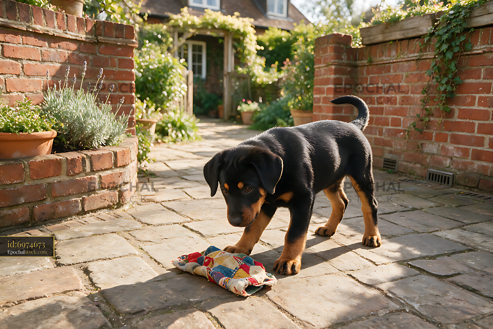 Watermarked full-resolution preview of Black and tan puppy playing outdoors with a colorful toy