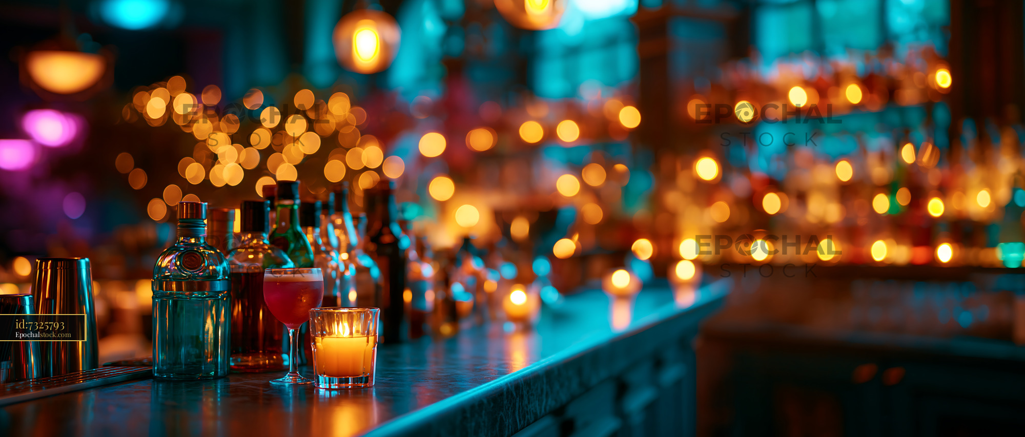 Watermarked full-resolution preview of Vibrant bar scene with drinks and candlelight