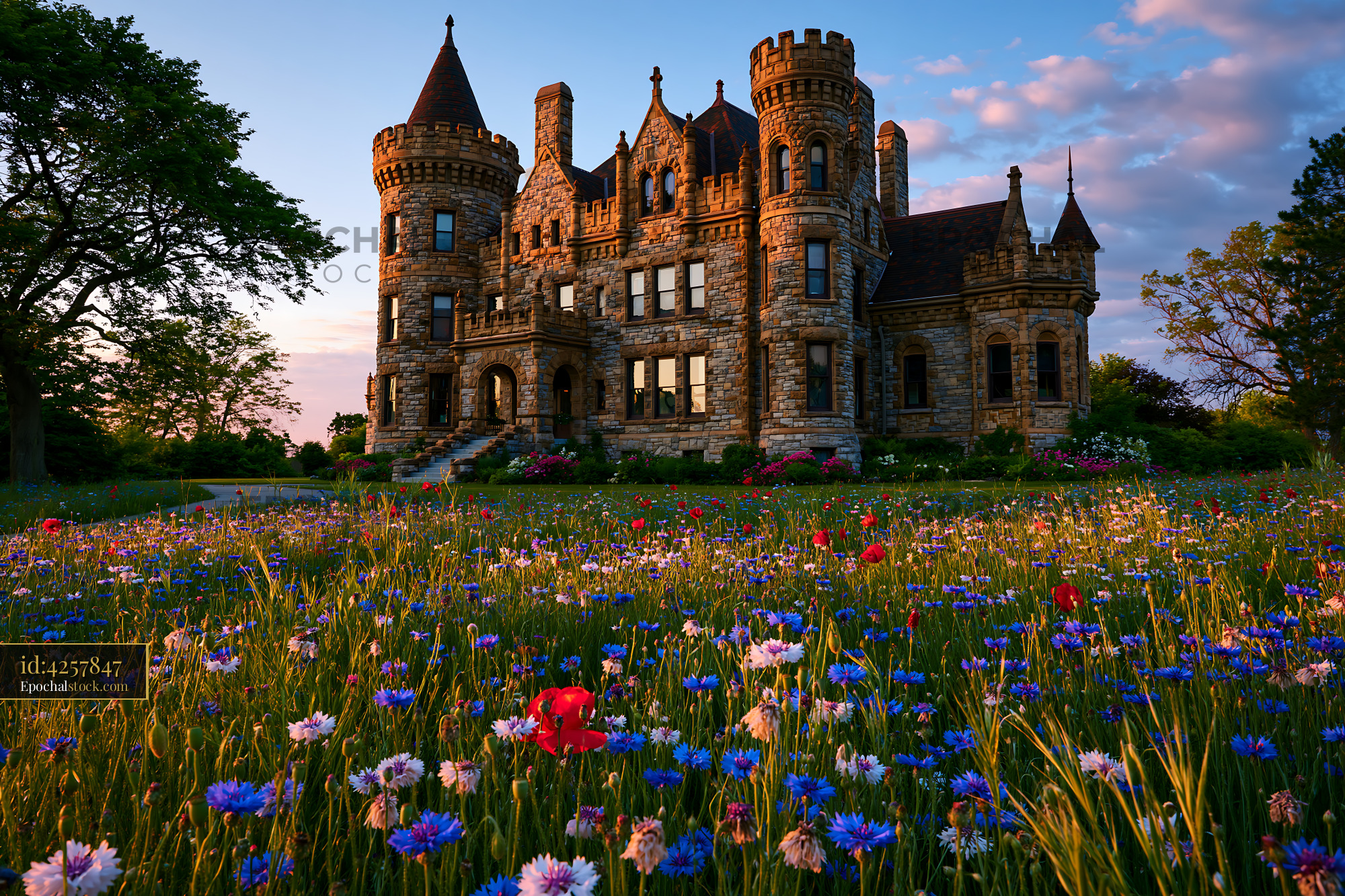 Watermarked full-resolution preview of Historic stone castle surrounded by colorful wildflowers