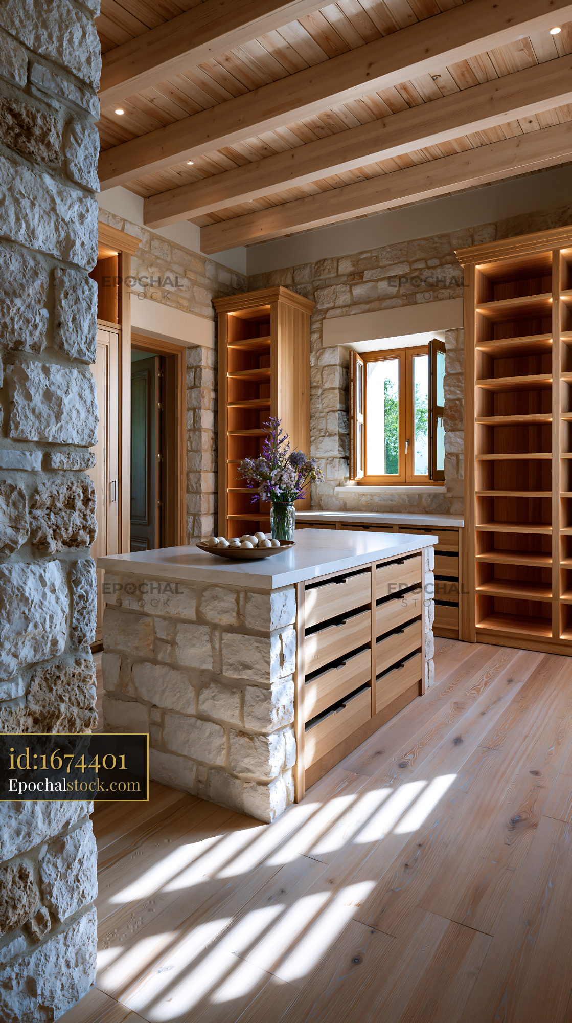 Watermarked full-resolution preview of Modern kitchen with stone walls and wooden shelves