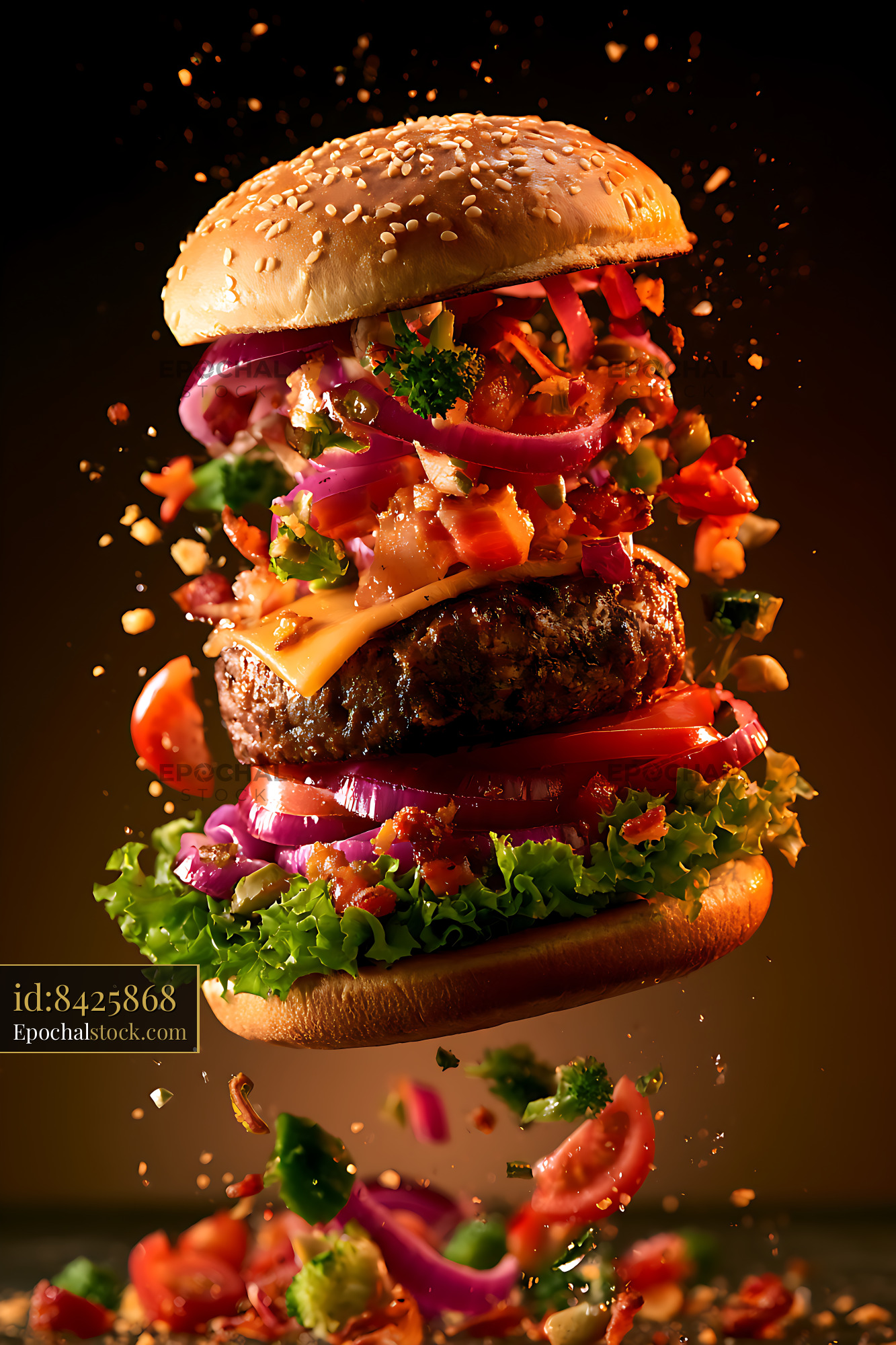Watermarked full-resolution preview of Loaded cheeseburger with colorful toppings in dramatic motion